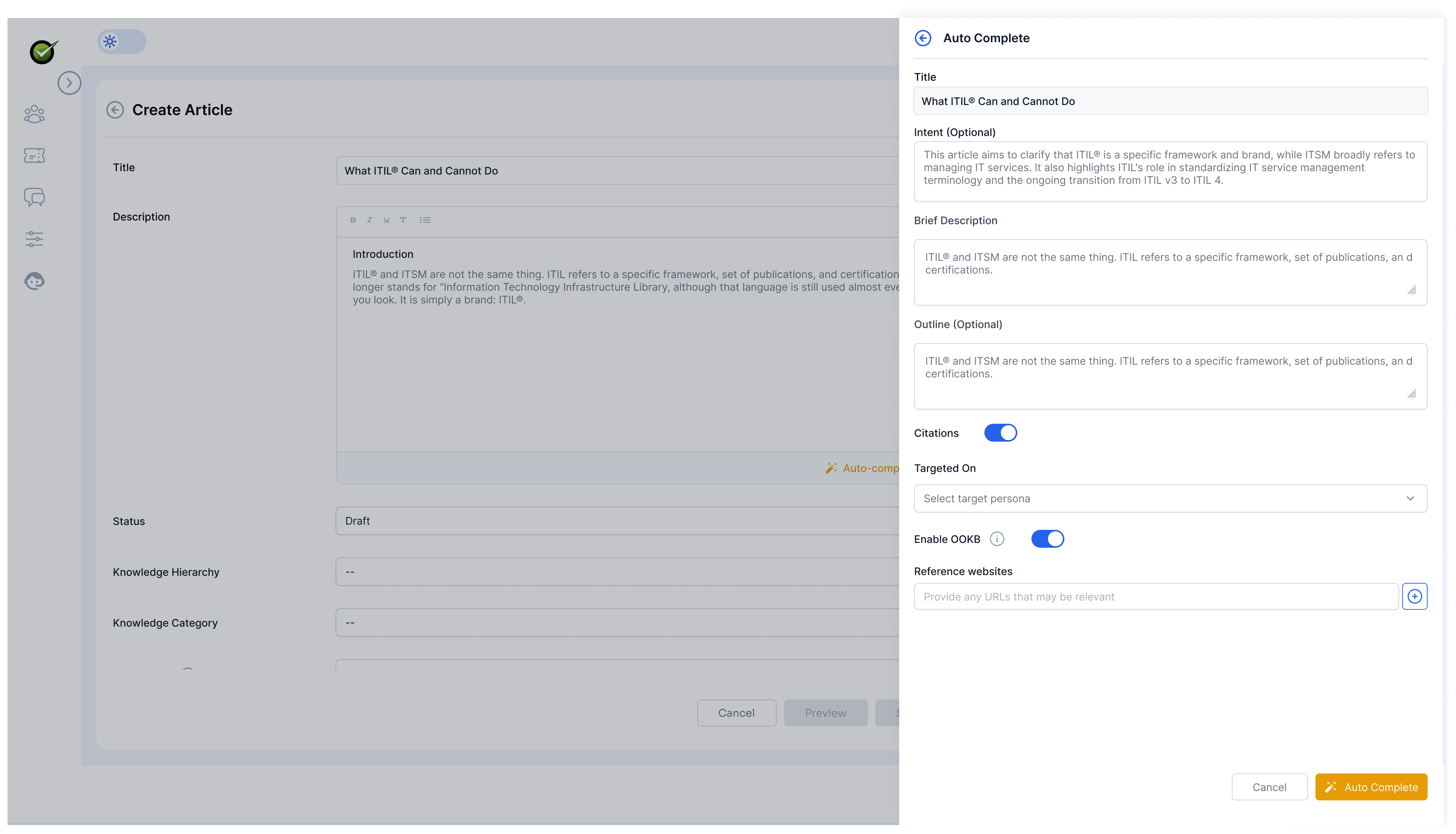 Auto Complete drawer open on the right of the Create Article form, with Title, Intent, Brief Description, Outline, Citations toggle, Targeted On persona dropdown, Enable OOKB toggle, Reference websites input, and Cancel / Auto Complete buttons