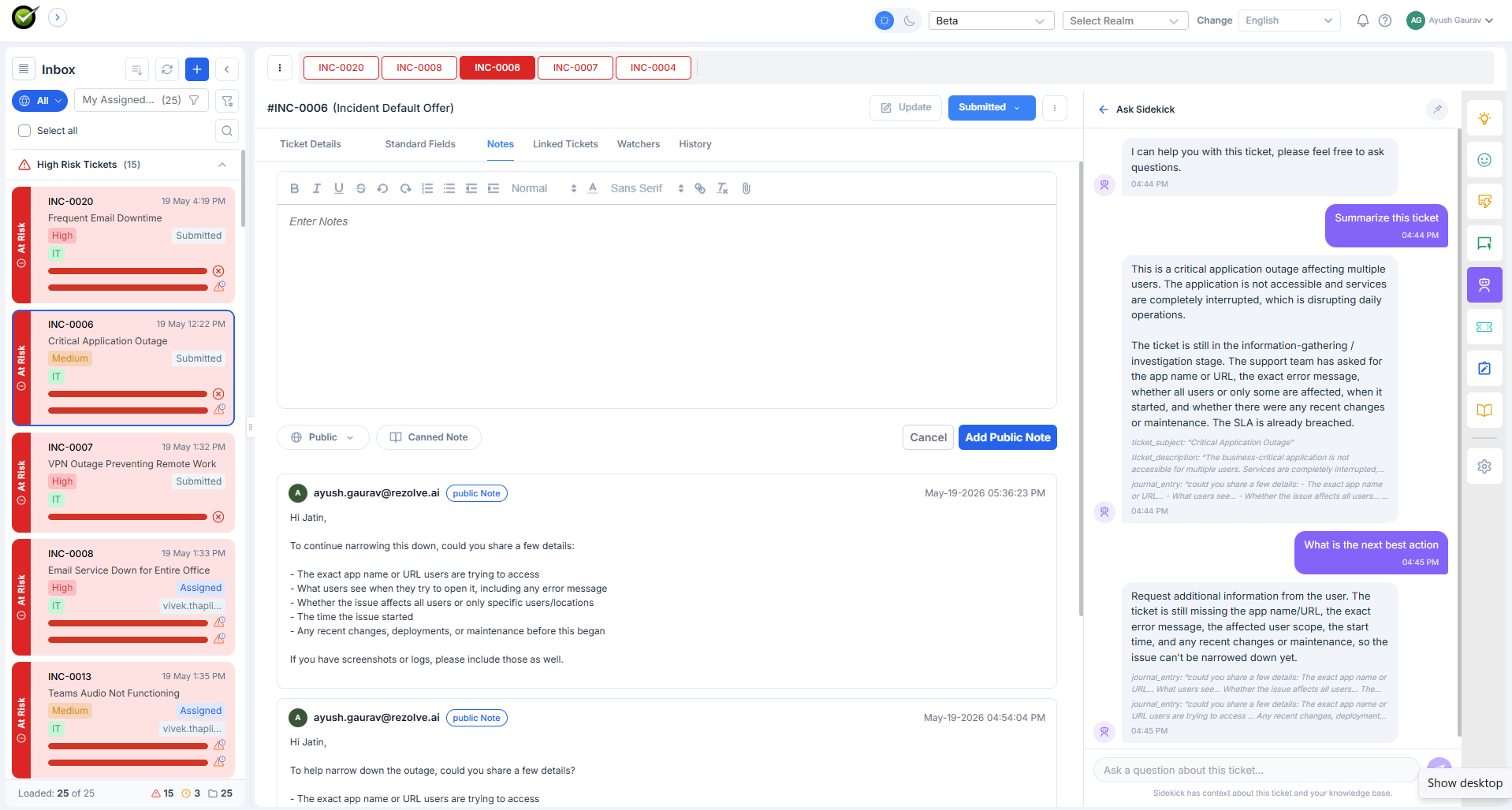 Ask Sidekick panel with a chat interface, an intro message from the bot, a follow-up question from the agent, and a multi-paragraph reply citing a knowledge article