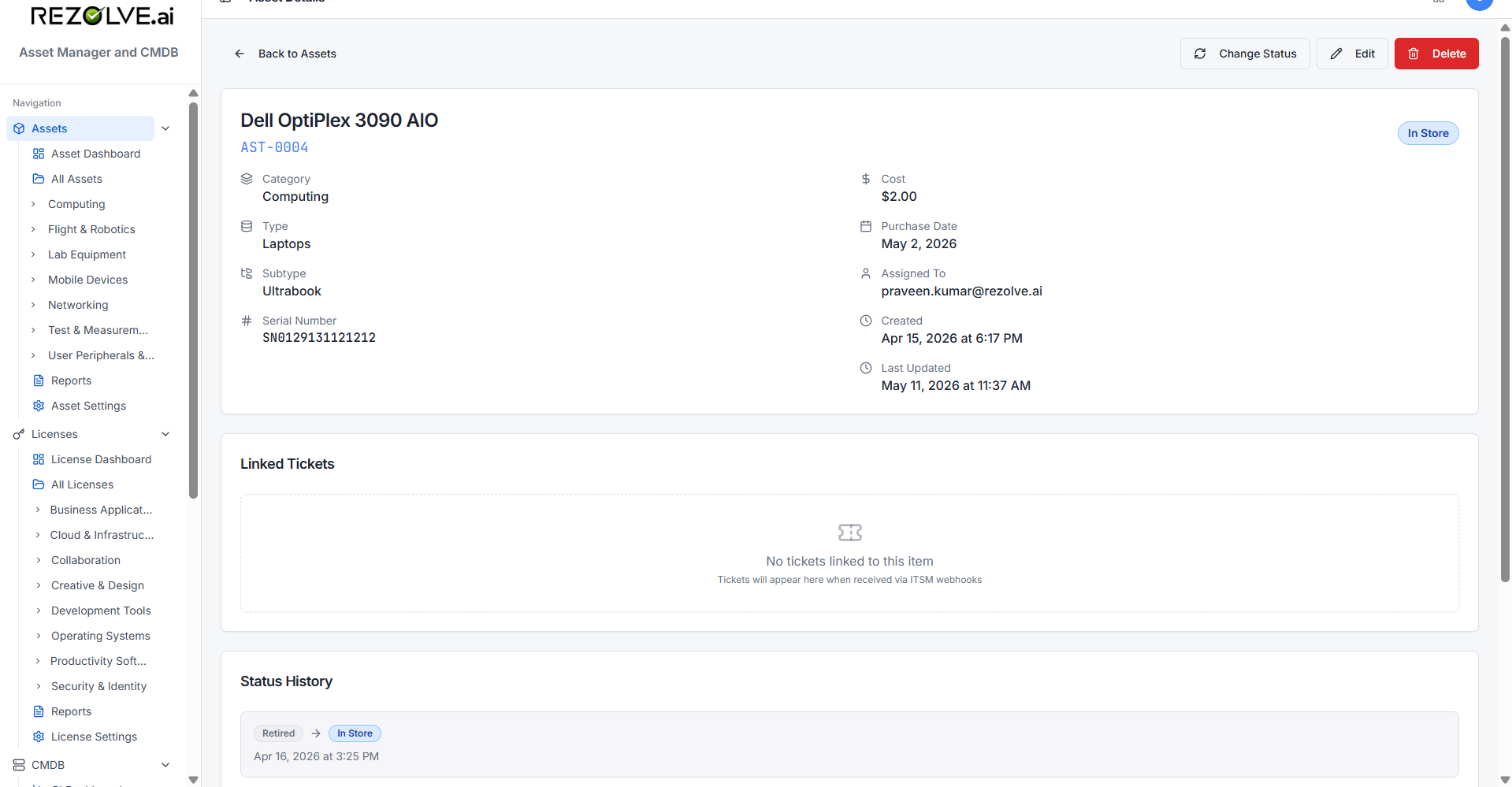 Asset detail page for a Dell OptiPlex with Change Status / Edit / Delete actions, asset metadata, Linked Tickets section, and Status History panel