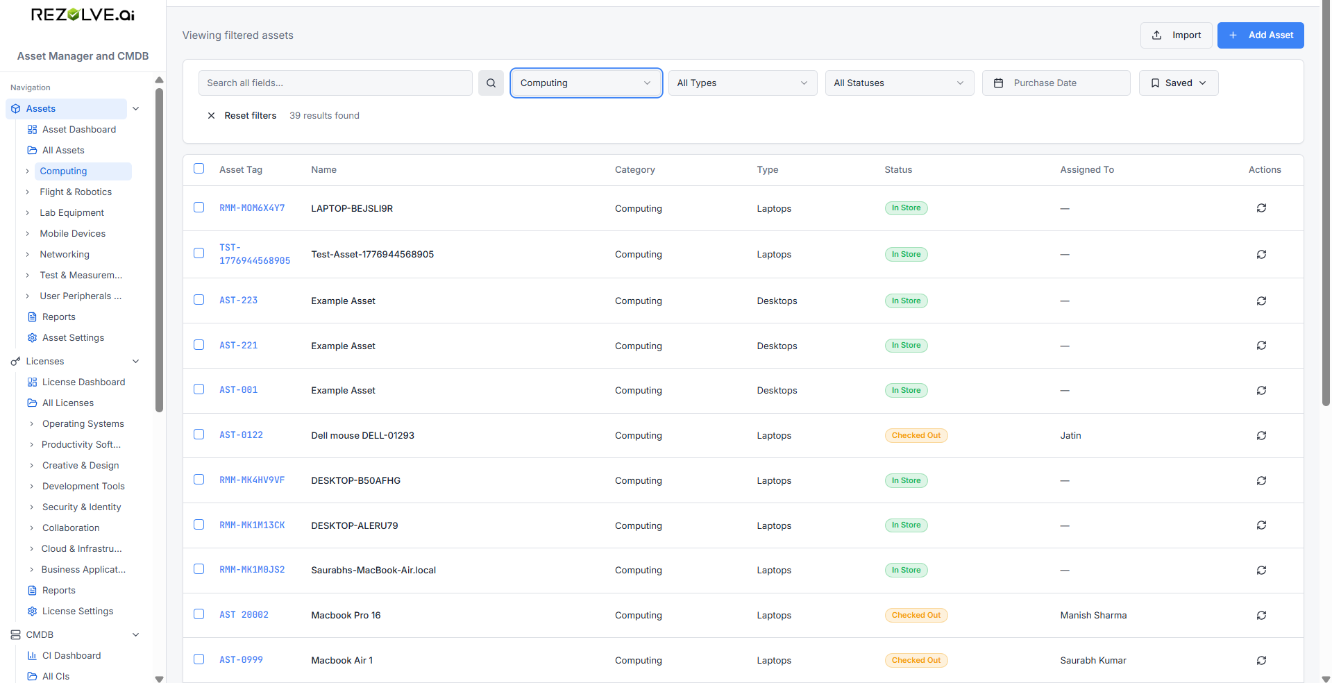 Filtered asset list for the Computing category, with Asset Tag, Name, Category, Type, Status, Assigned To columns and filter chips above the table