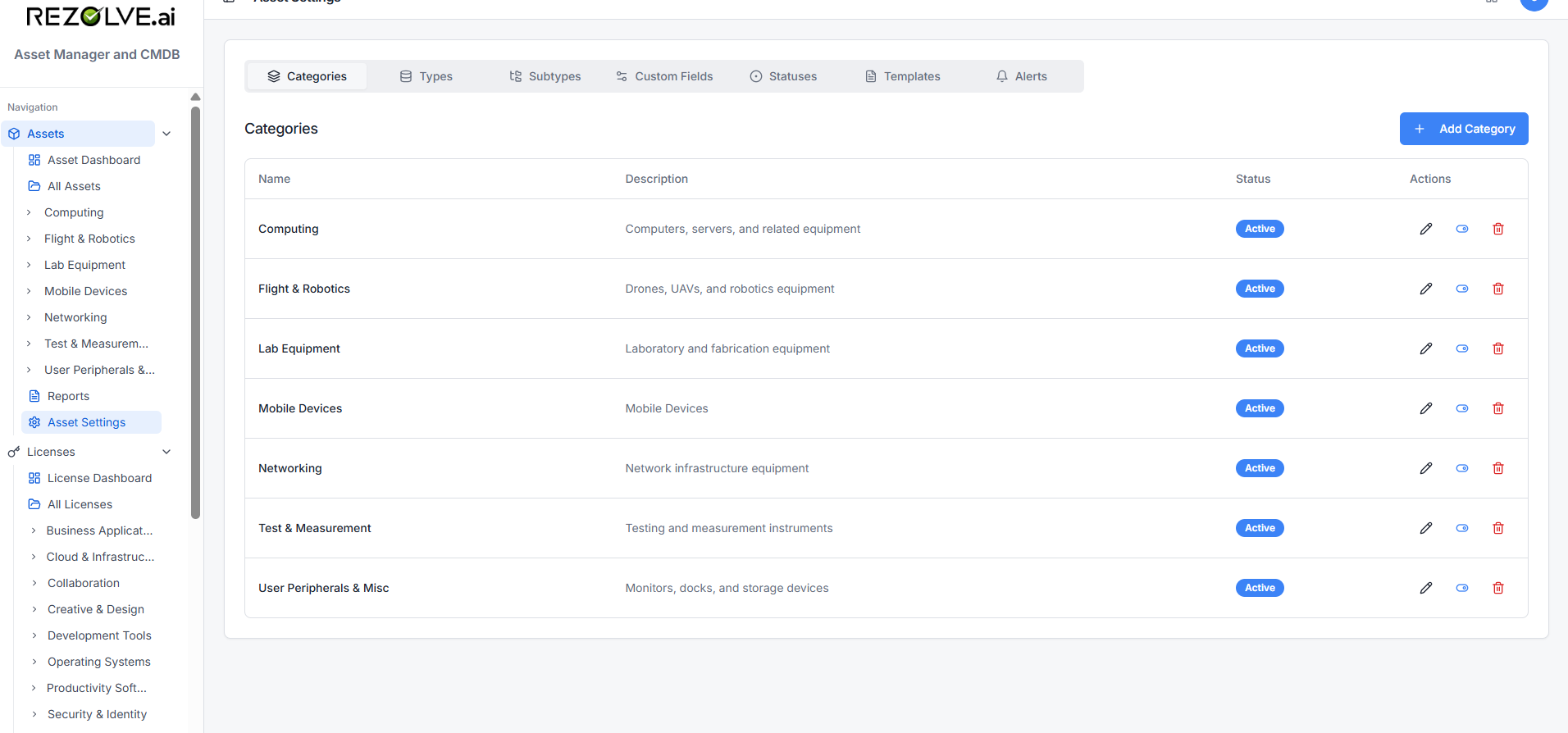 Asset Settings → Categories tab listing Computing, Flight &amp; Robotics, Lab Equipment, Mobile Devices, Networking, Test &amp; Measurement, and User Peripherals &amp; Misc with Add Category, edit, toggle, and delete actions