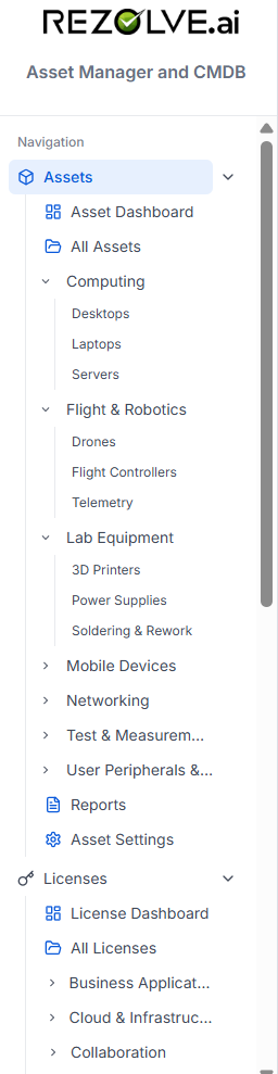 Asset Manager sidebar showing the Assets hierarchy (Computing, Flight &amp; Robotics, Lab Equipment, Mobile Devices, Networking) expanded with their types, plus Licenses and CMDB sections below