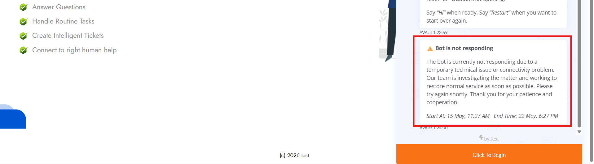 Bot chat window showing the standard landing message followed by a Known Issue banner titled "Bot is not responding" with a description and the issue's start and end times