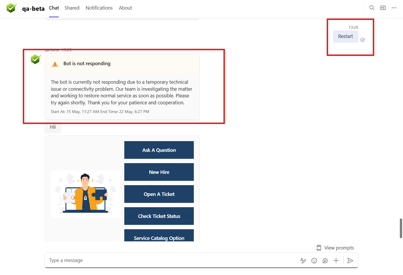 Teams chat showing the Known Issue banner followed by the main menu (Ask A Question, New Hire, Open A Ticket, Check Ticket Status, Service Catalog Option) and a Restart message