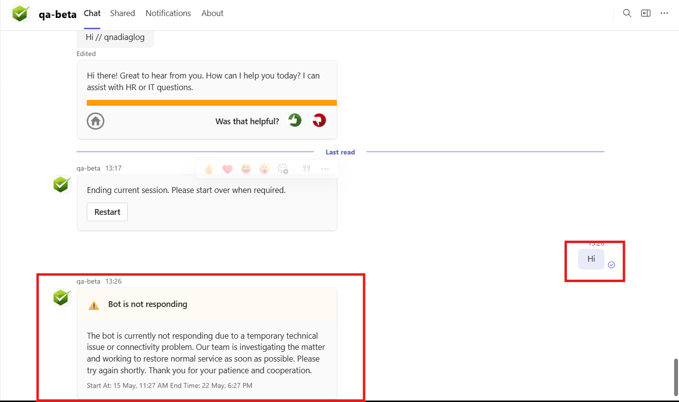 Microsoft Teams chat with the qa-beta bot showing a Known Issue card titled "Bot is not responding" after the user sends "Hi"