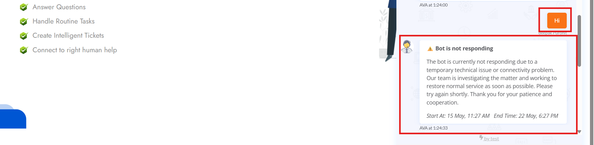 Web chat after the user says "Hi" - the Known Issue banner is shown again ahead of the main menu