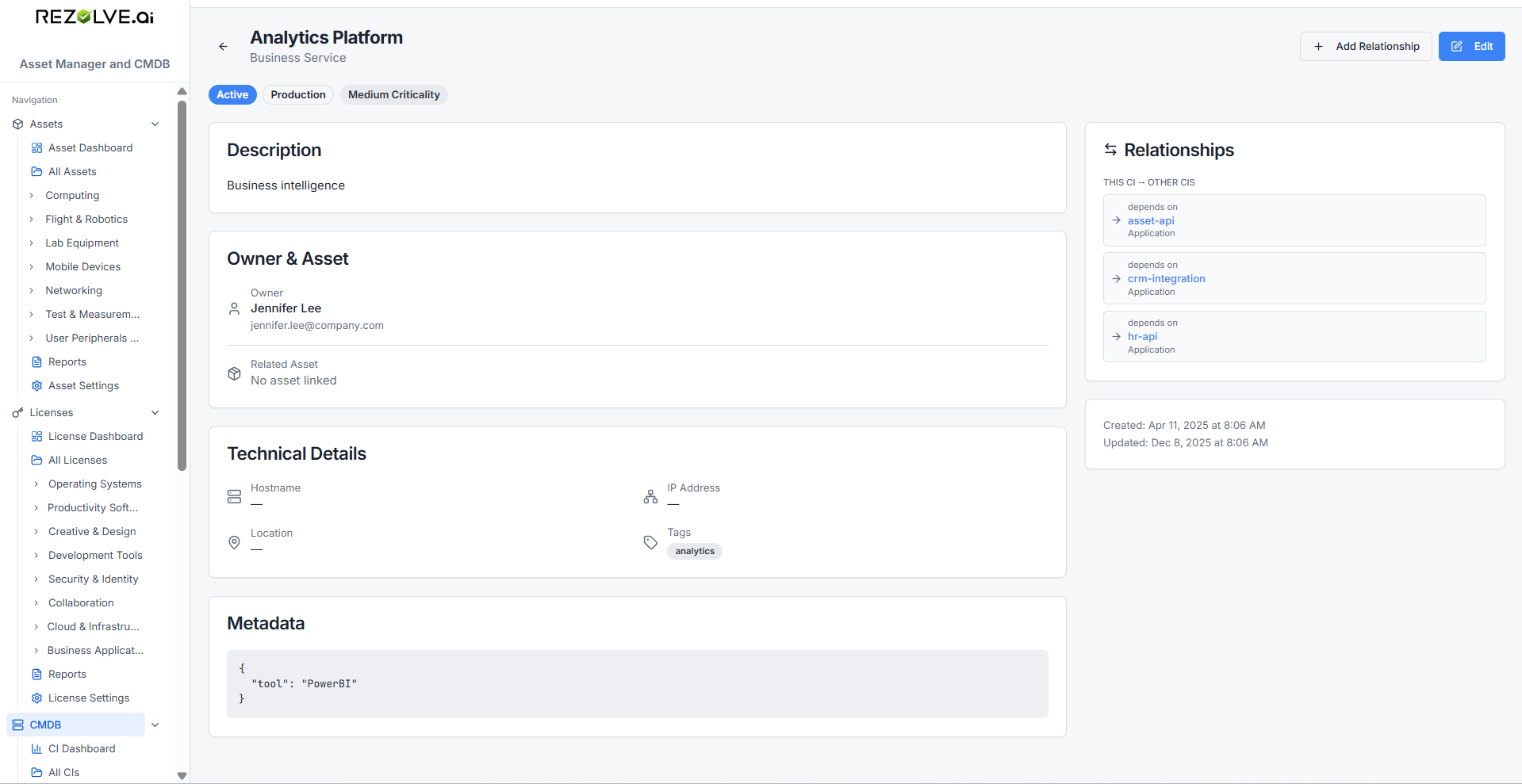 CI detail page for Analytics Platform showing Description, Owner & Asset, Technical Details, Metadata, and a Relationships panel listing dependencies on other CIs