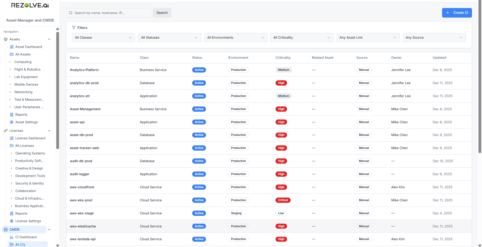 Configuration Items list with columns Name, Class, Status, Environment, Criticality, Related Assets, Source, Owner, Updated and filters across the top