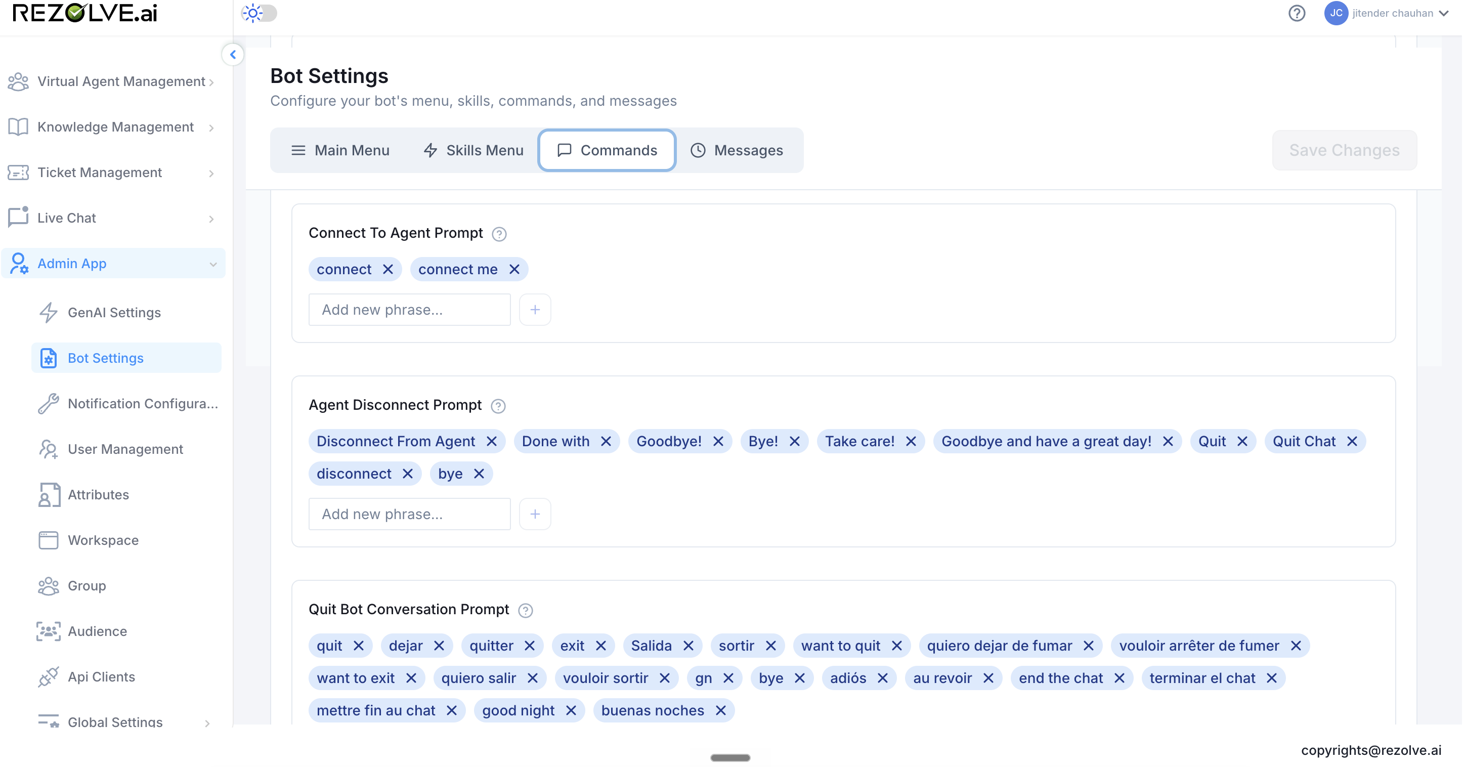 Commands tab showing Connect To Agent Prompt with two phrases, Agent Disconnect Prompt with many phrases, and the start of the Quit Bot Conversation Prompt list