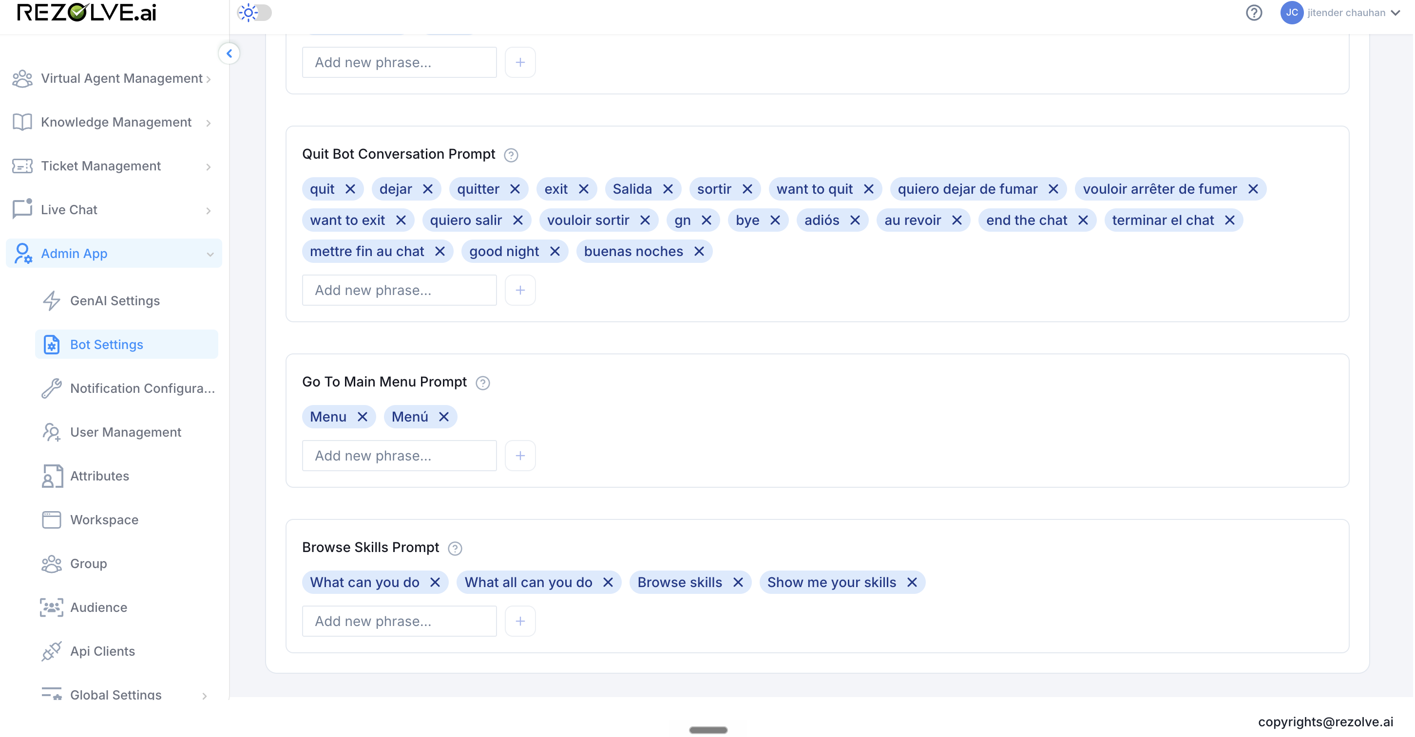 Commands tab showing Quit Bot Conversation Prompt with many phrases, Go To Main Menu Prompt with two phrases, and Browse Skills Prompt with four phrases