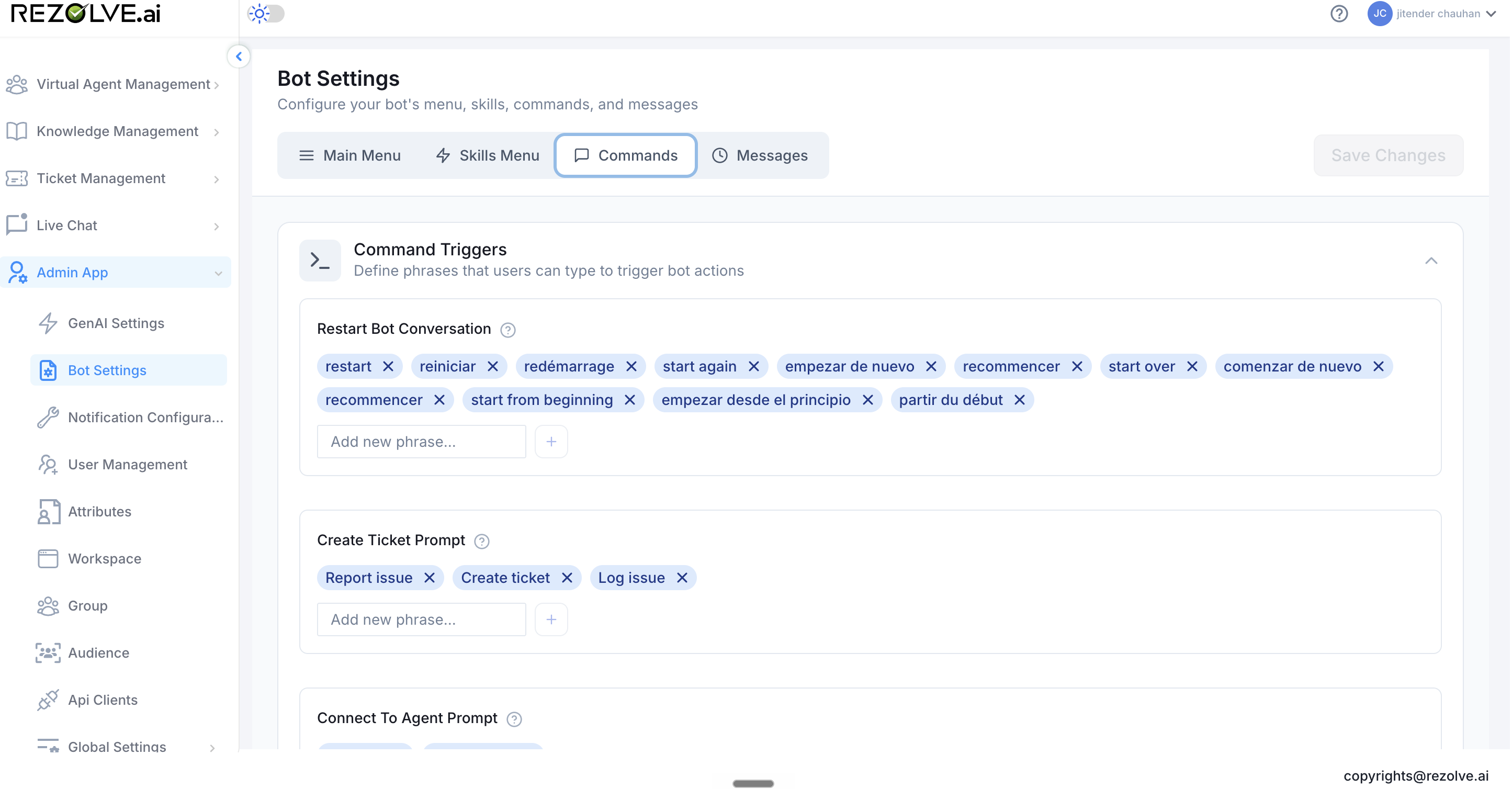 Bot Settings Commands tab showing the Command Triggers section header, the Restart Bot Conversation chip list with multilingual phrases, and the Create Ticket Prompt chips below