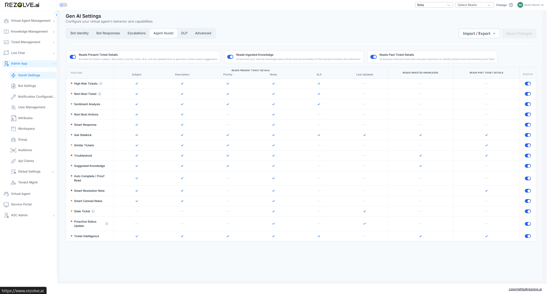 GenAI Settings page with Agent Assist tab active, showing a list of features each with an on/off toggle, plus a "Data sources" panel with three checkboxes (Ticket details, Past tickets, Ingested knowledge) and a "Risk score" panel with editable thresholds and a signal weight table