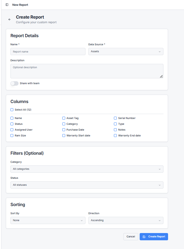 Create Report form with Report Details (Name, Data Source, Description, Share with team), a column picker, Filters section (Category, Status), and Sorting controls