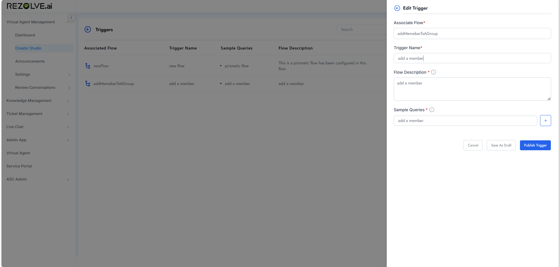Test in Virtual Agent