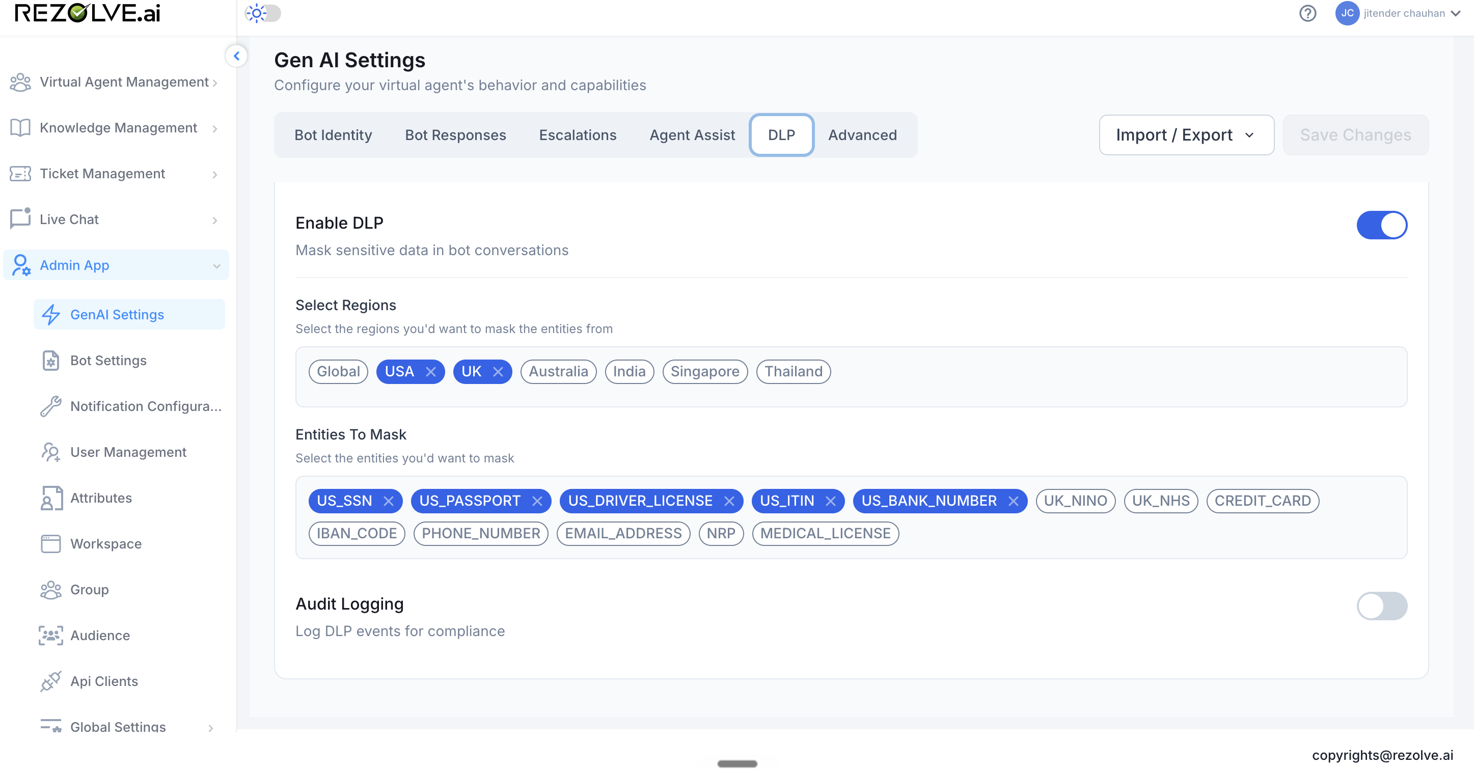 DLP tab with Enable DLP toggle, Select Regions chips (USA and UK selected from Global, USA, UK, Australia, India, Singapore, Thailand), Entities To Mask chips with several selected, and an Audit Logging toggle