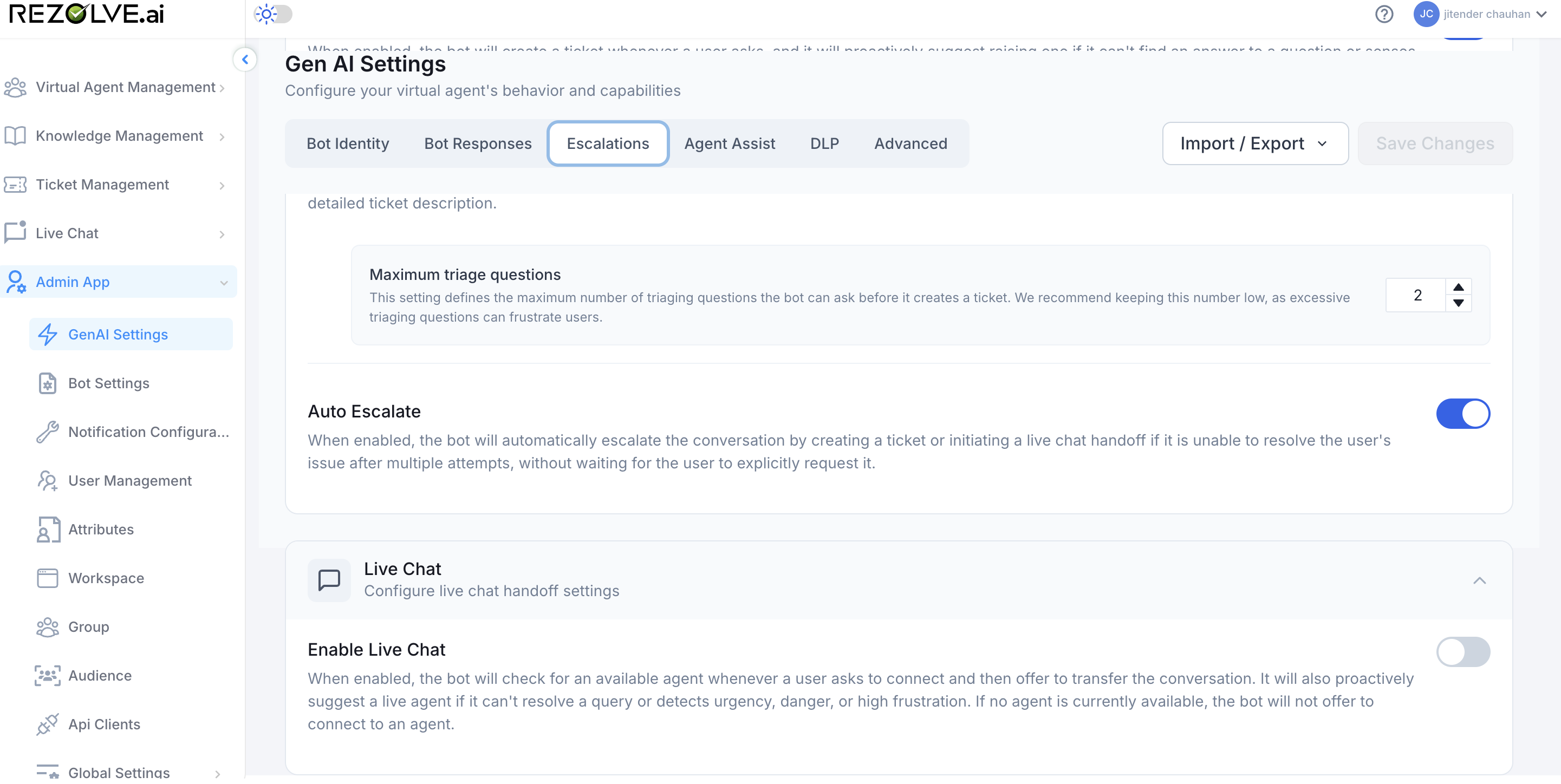 Escalations tab continued: Auto Escalate toggle and the Live Chat section header with the Enable Live Chat toggle