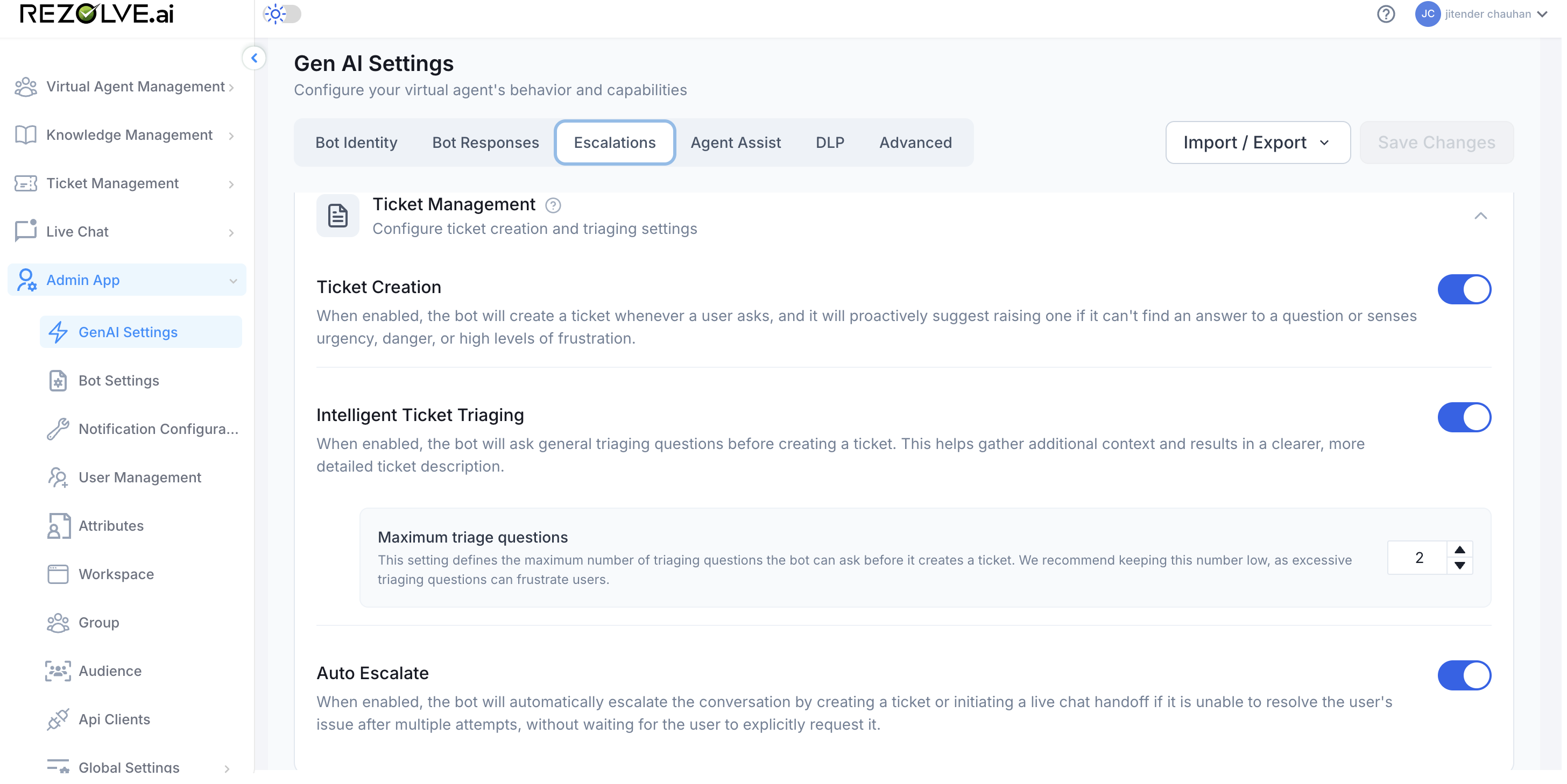 Escalations tab showing Ticket Management section with Ticket Creation toggle ON, Intelligent Ticket Triaging toggle ON with Maximum triage questions set to 2, and Auto Escalate toggle