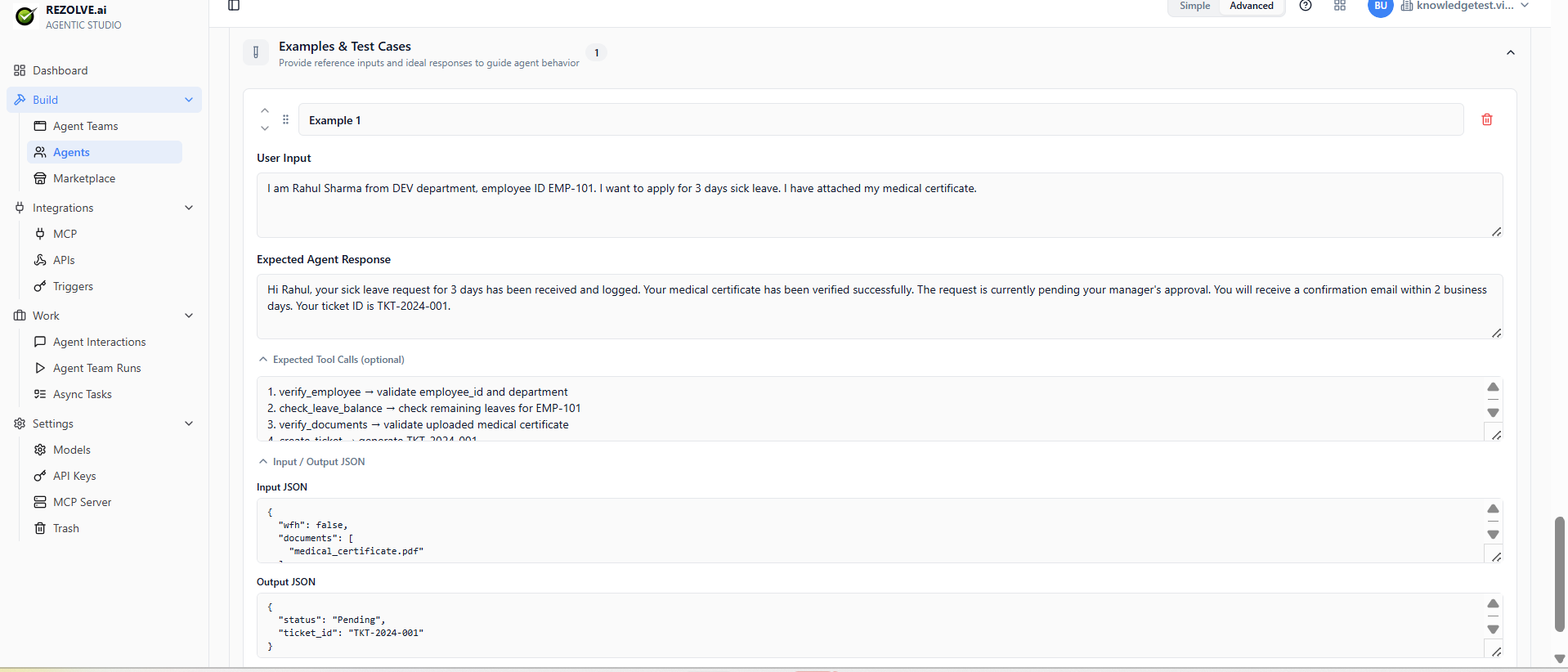 Examples &amp; Test Cases section with sample user input, expected response, expected tool calls, and I/O JSON