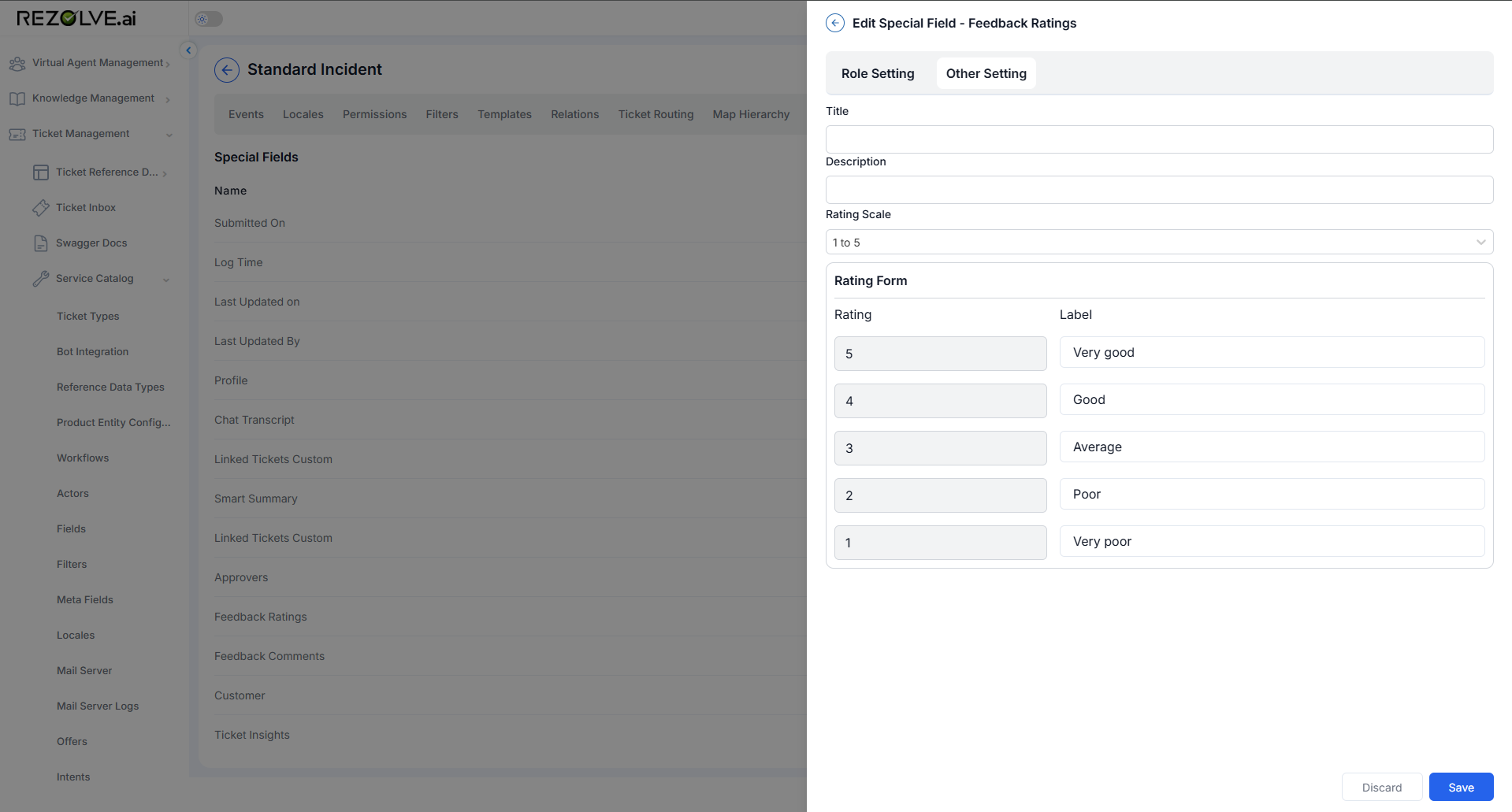 Feedback Ratings Other Setting with title, description, scale, and labels