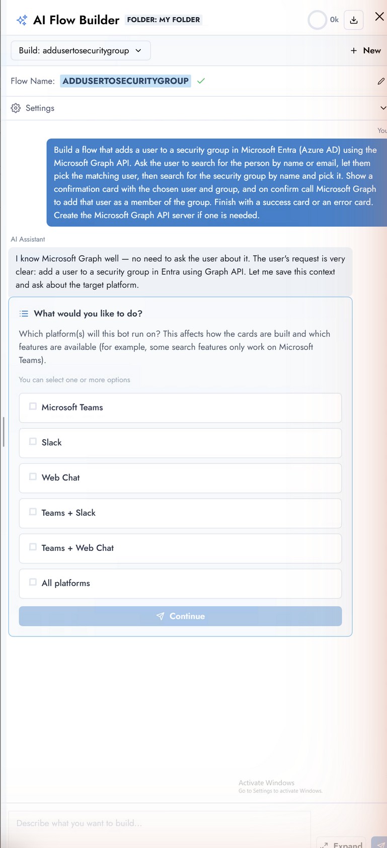 AI Flow Builder asking "Which platform(s) will this bot run on?" with chips for Microsoft Teams, Slack, Web Chat, Teams + Slack, Teams + Web Chat, and All platforms