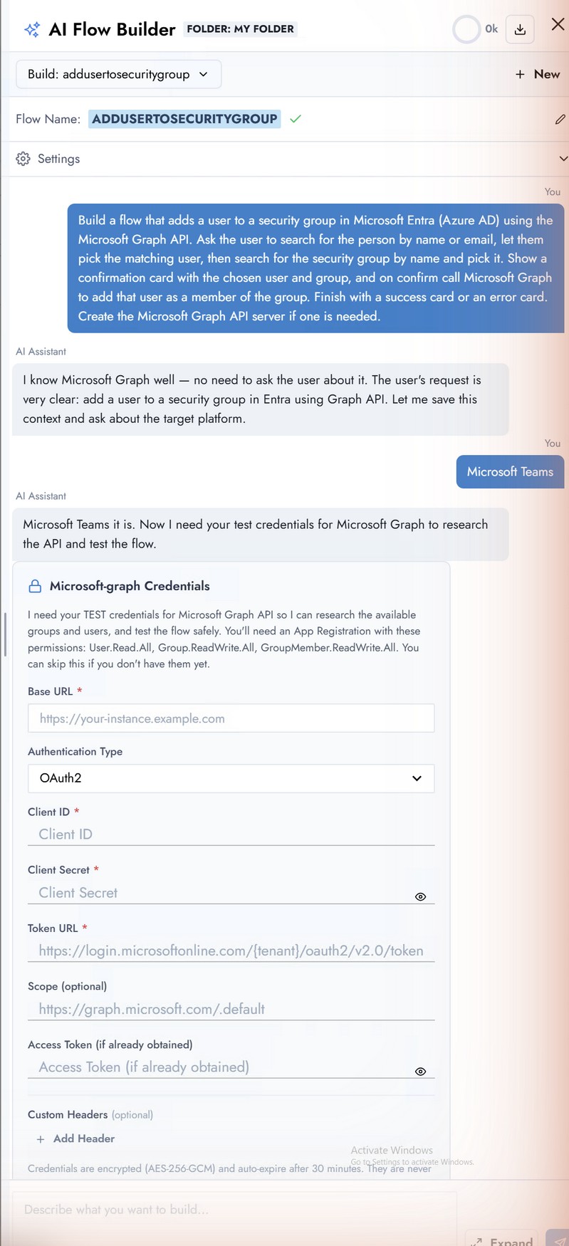 AI Flow Builder showing the generated credential form for Microsoft Graph: Base URL, Authentication Type, Client ID, Client Secret, Token URL, Scope, Access Token, and Custom Headers