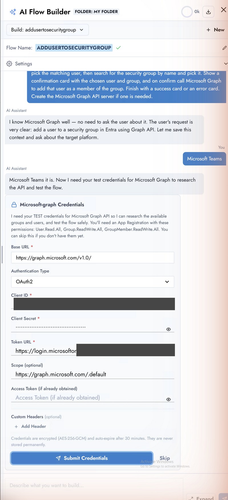 The same form filled in with redacted Client ID and Token URL, with the Client Secret masked by the UI