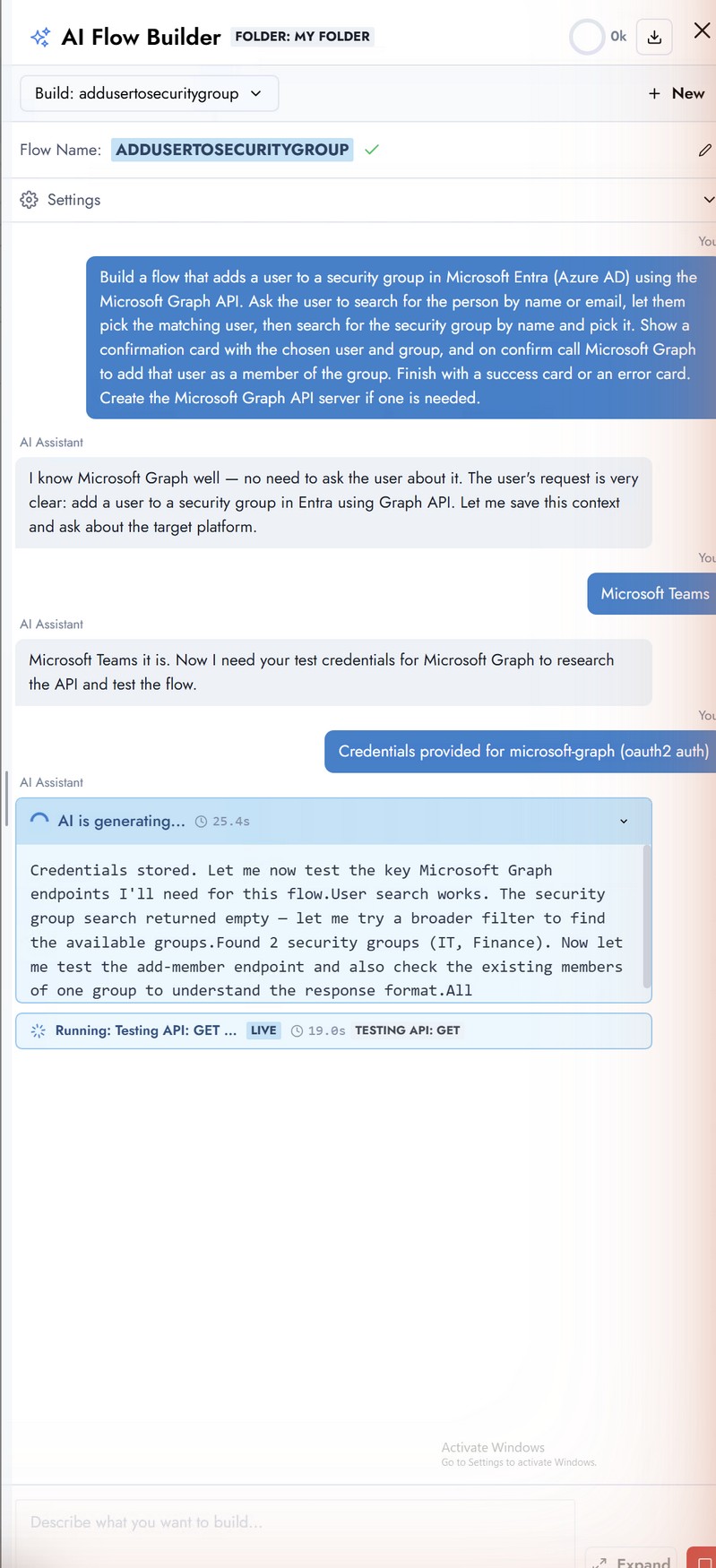 AI Flow Builder running live endpoint tests against Microsoft Graph and reporting the results inline in chat