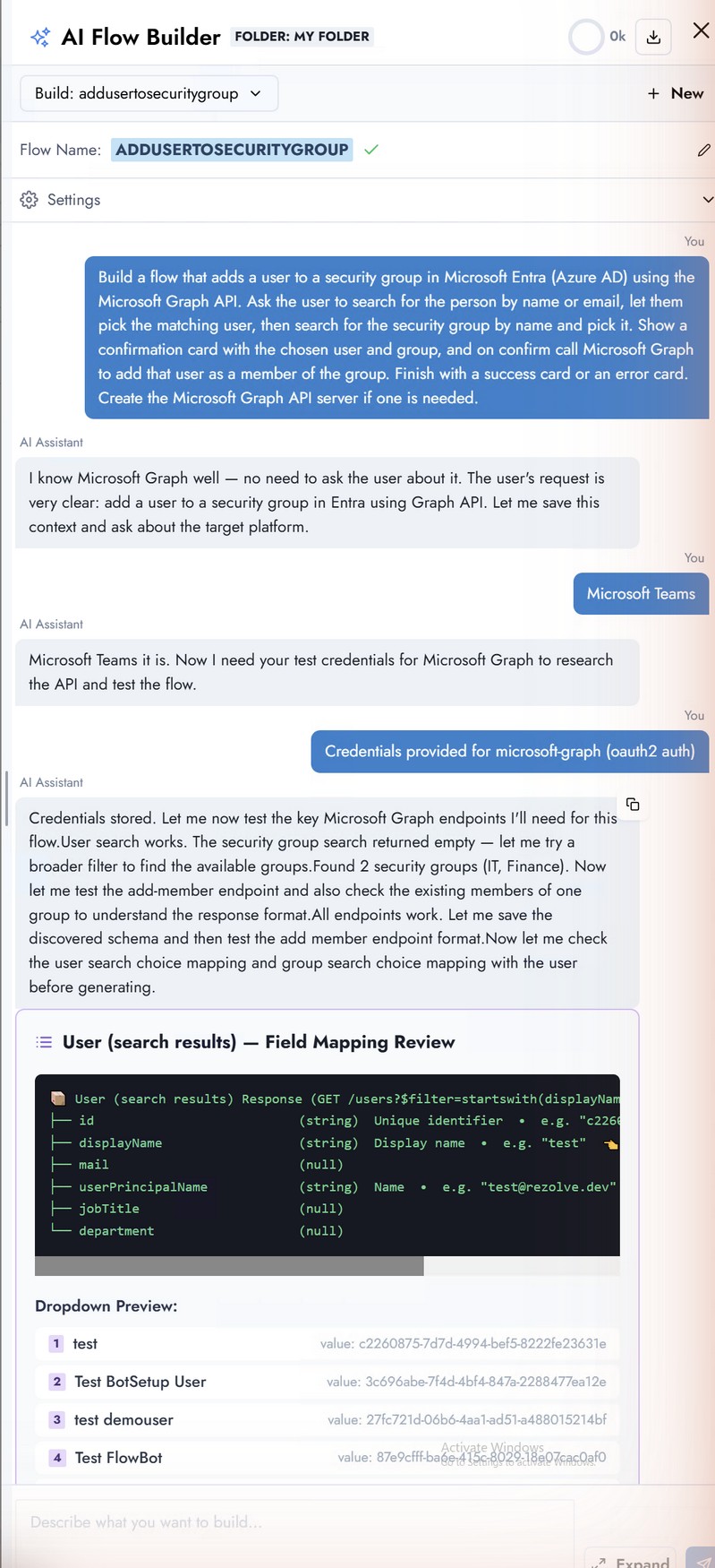 User search results mapped to a dropdown preview, with id / displayName / mail / userPrincipalName / jobTitle / department fields