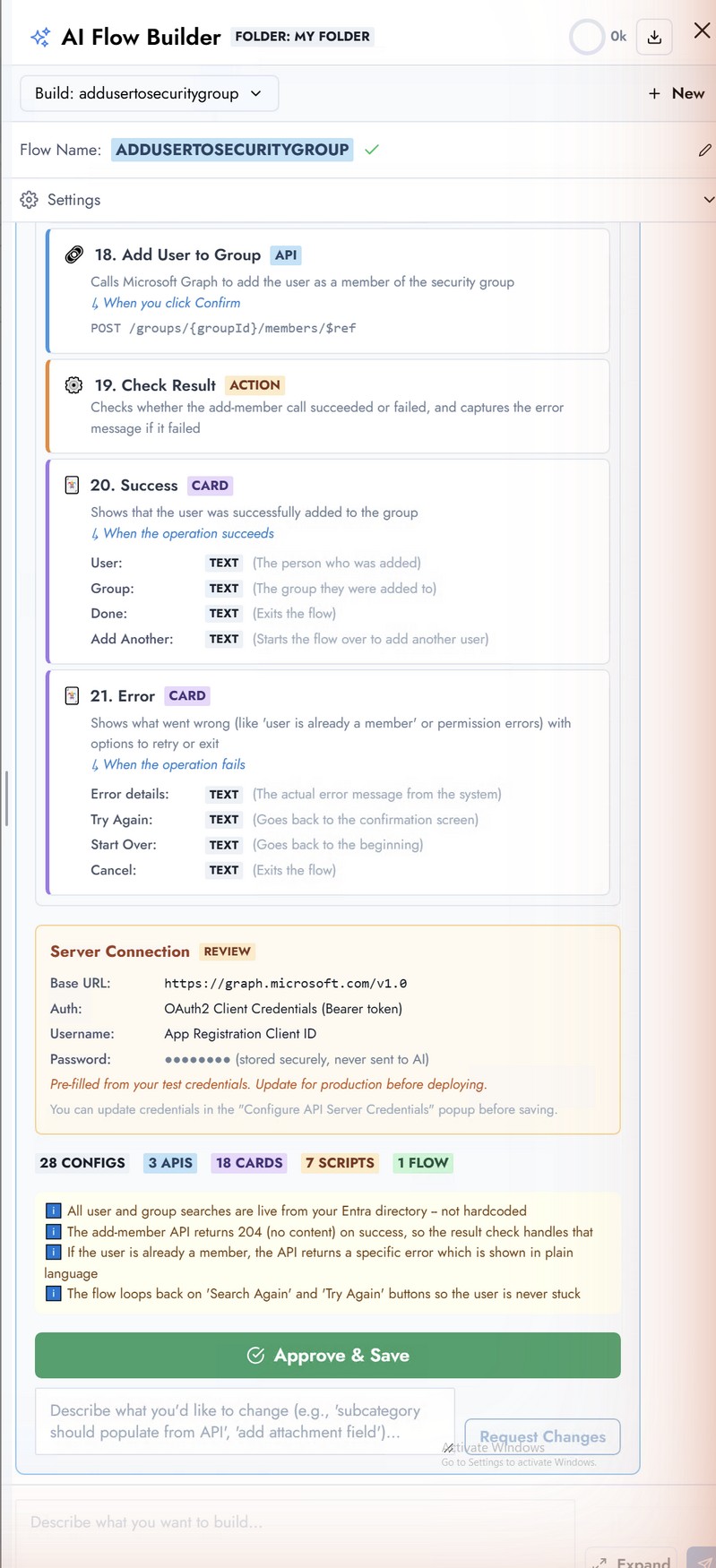 Flow design review listing every component (cards, APIs, actions) with their conditions and the Approve & Save button