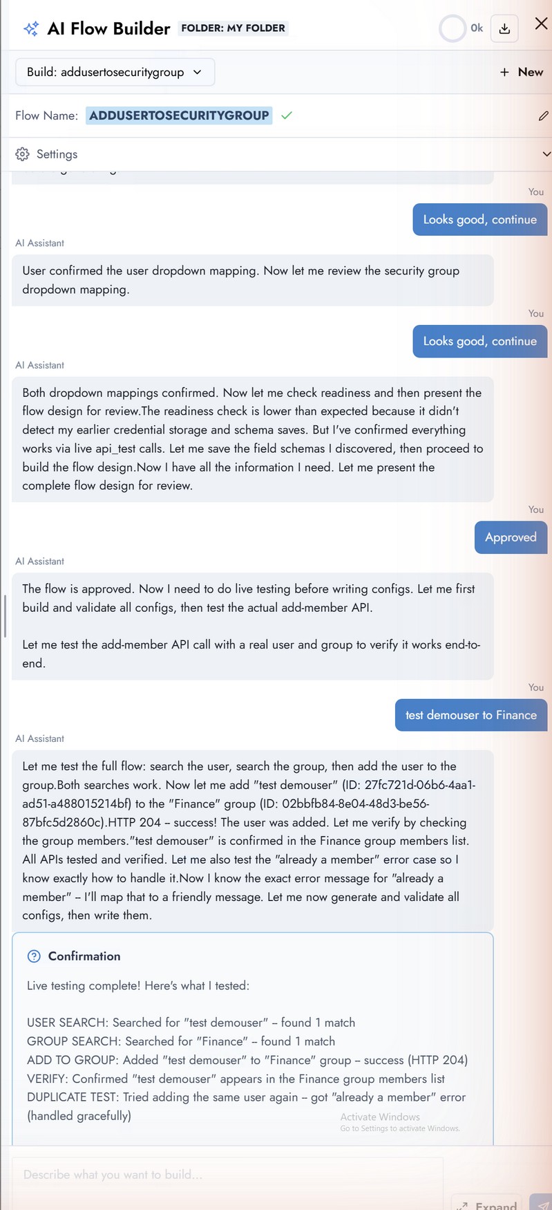Live test result showing user search, group search, add-to-group HTTP 204 success, verification, and a duplicate-add gracefully handled