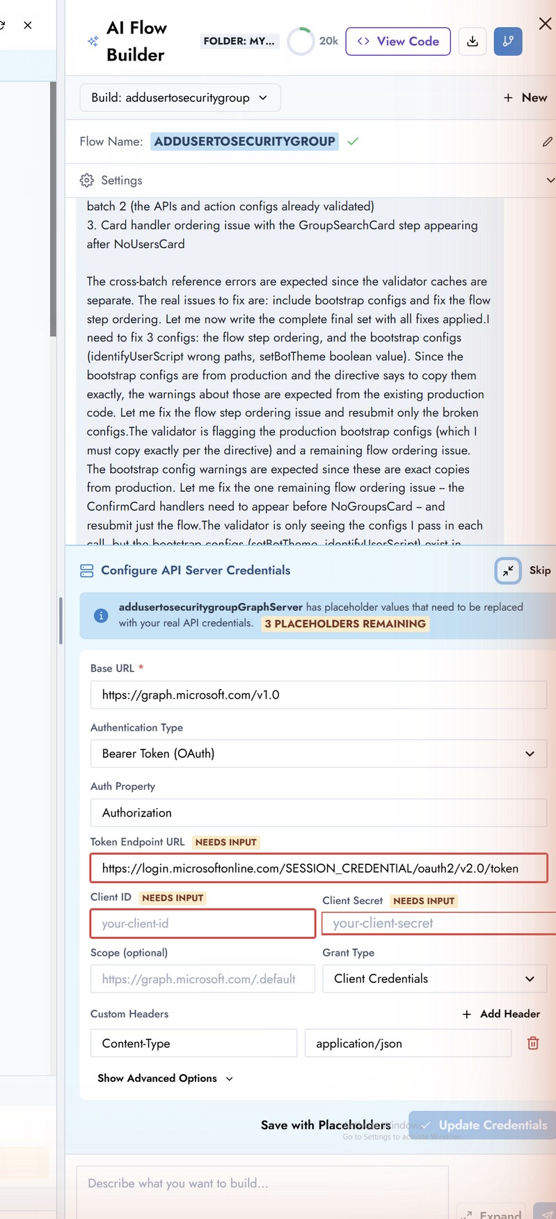 Configure API Server Credentials drawer listing the placeholders that need real values - Base URL, Bearer Token, Token Endpoint URL, Client ID, Client Secret, Scope, Grant Type, Content-Type, with a Save with Placeholders button