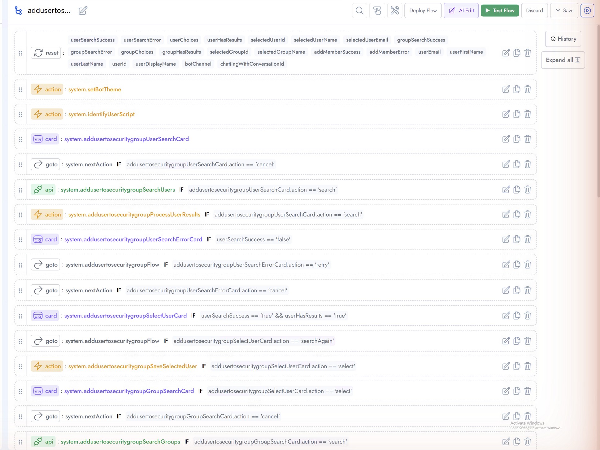 The generated flow in the editor: a vertical stack of cards, APIs, actions, and conditional GOTO steps with their conditions