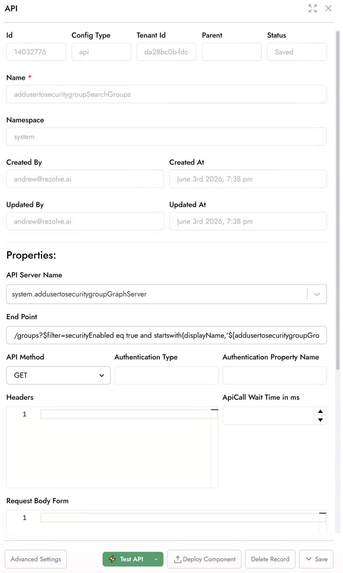 API component editor for SearchGroups: Name, Namespace, API Server Name, End Point path, API Method, Authentication Type, Headers, Request Body Form, and a Test API button at the bottom