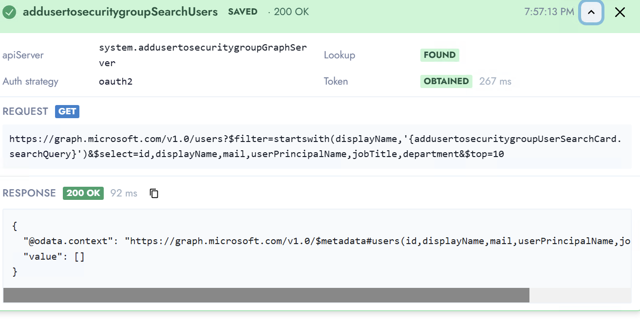 Test API result for SearchUsers: green Lookup FOUND, Token OBTAINED in 267 ms, GET request, 200 OK response with timing