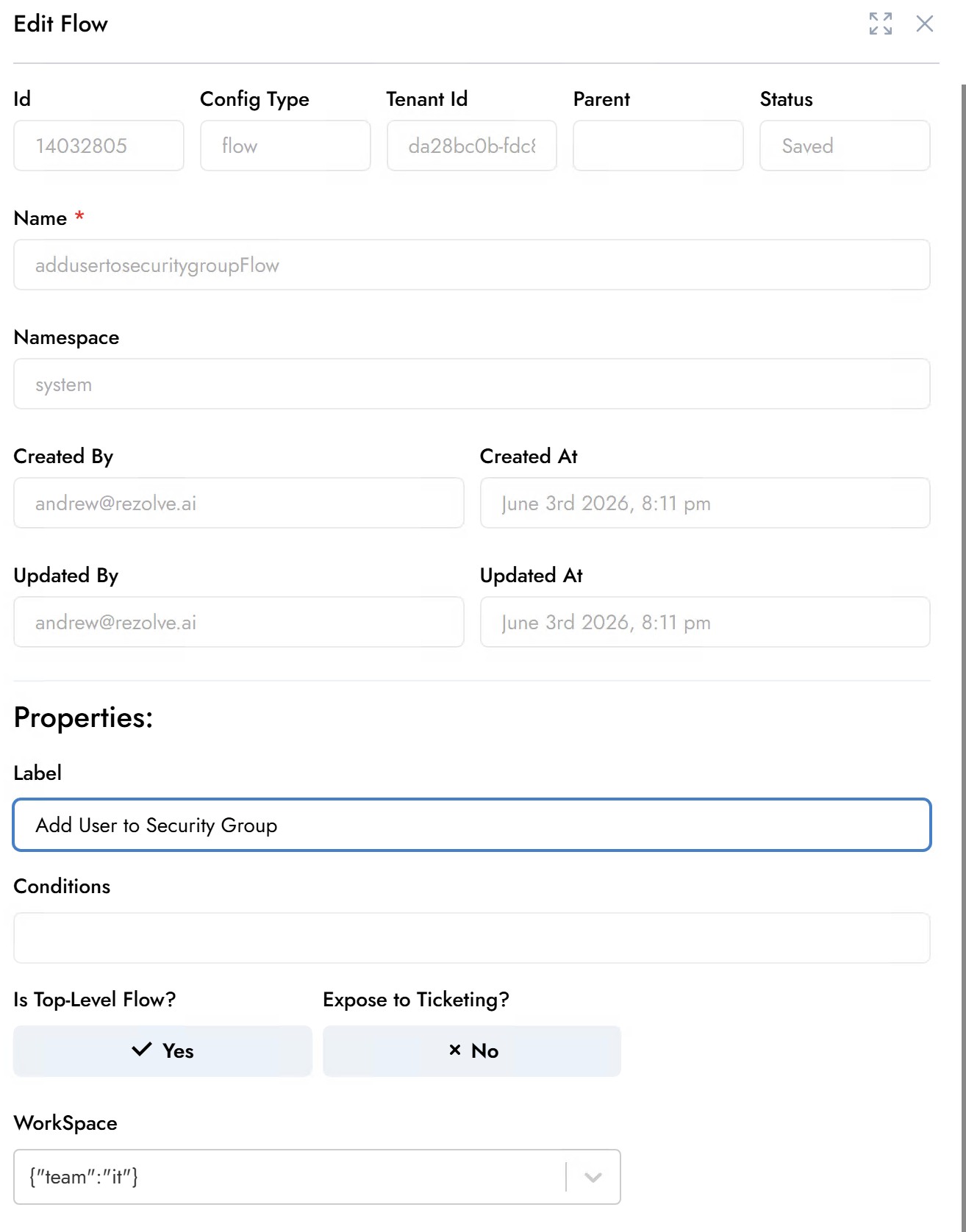 Edit Flow drawer with Label "Add User to Security Group", Is Top-Level Flow? set to Yes, Expose to Ticketing? No, and a WorkSpace picker