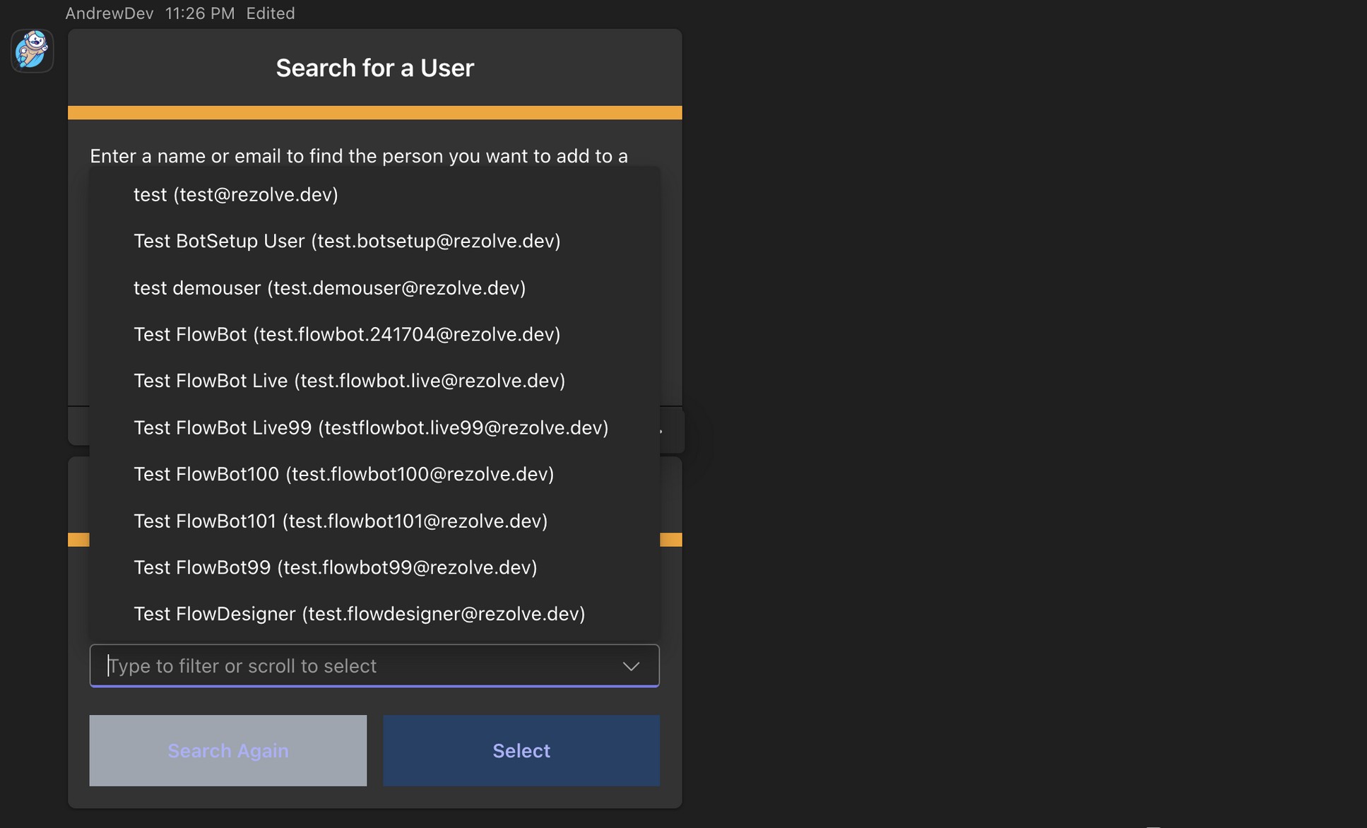 Search for a User card with a dropdown showing live user search results from Microsoft Graph (test, Test BotSetup User, test demouser, Test FlowBot, …) and a Select button