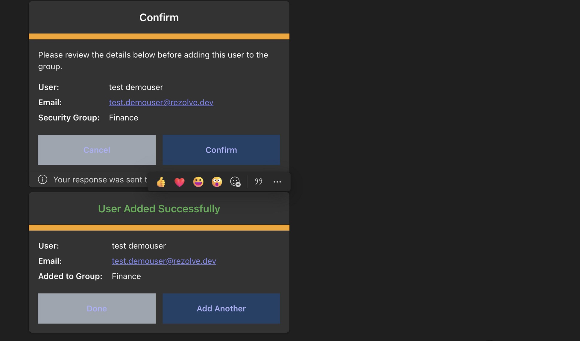 User Added Successfully card showing the user, email, and target group with Done and Add Another buttons