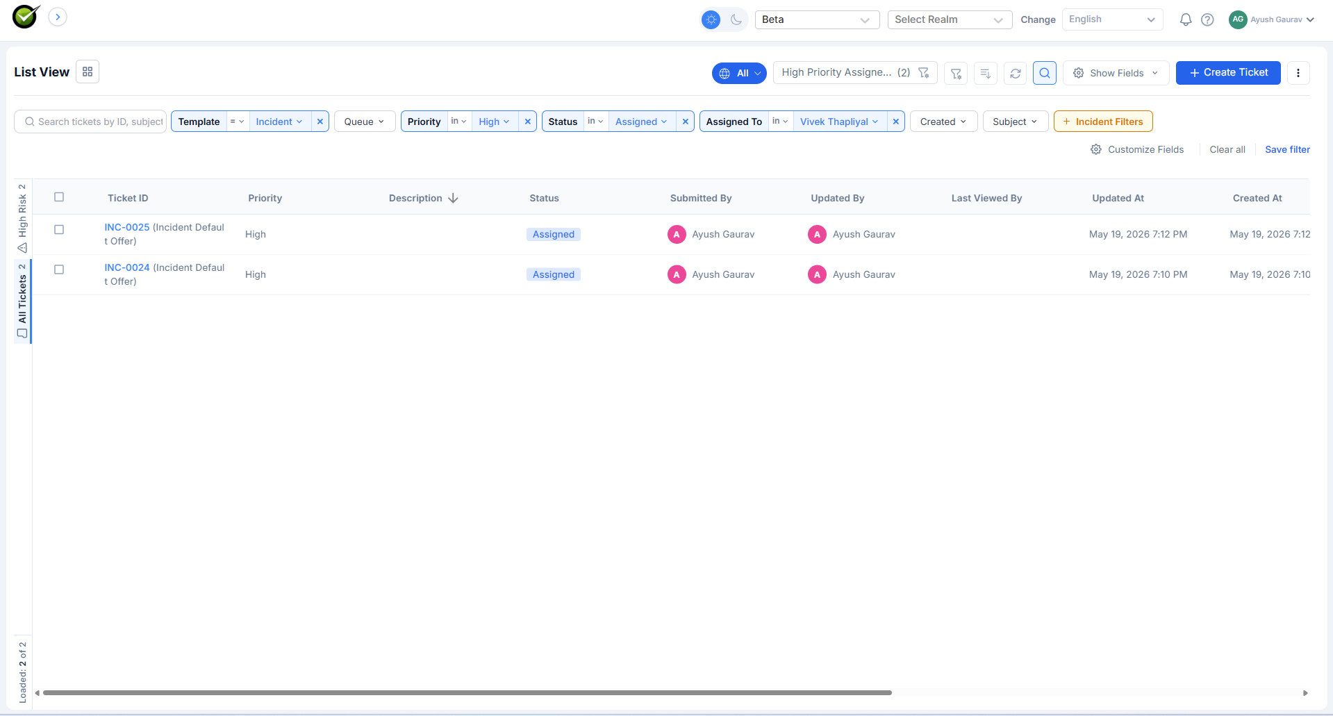 Search bar expanded across the inbox header with field dropdowns visible (Status, Priority, Assignee, Ticket Type) and three filter chips already applied below them