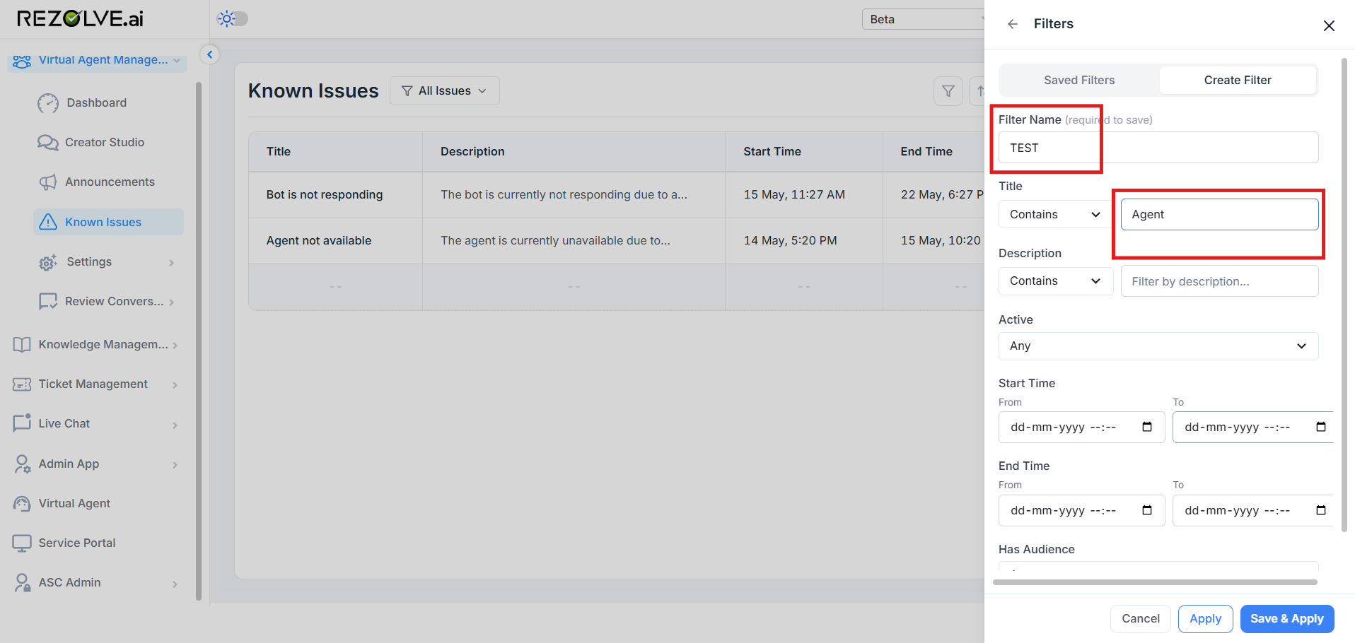 Filters drawer open on the right with Filter Name "TEST", Title contains "Agent", and additional fields for Description, Active, Start Time range, End Time range, and Has Audience
