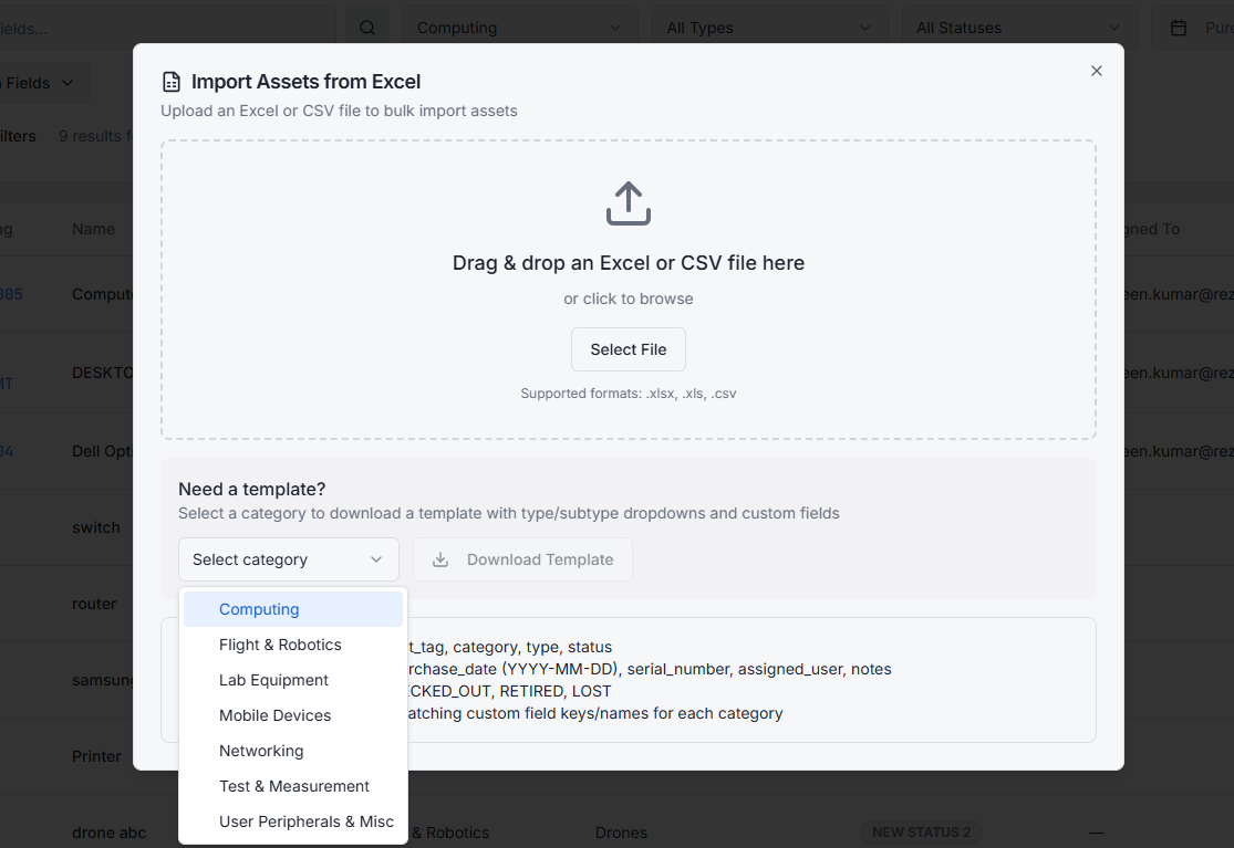 Import Assets from Excel dialog with a drag-and-drop area, Select File button, supported formats (.xlsx/.xls/.csv), and a Download Template section with a category picker