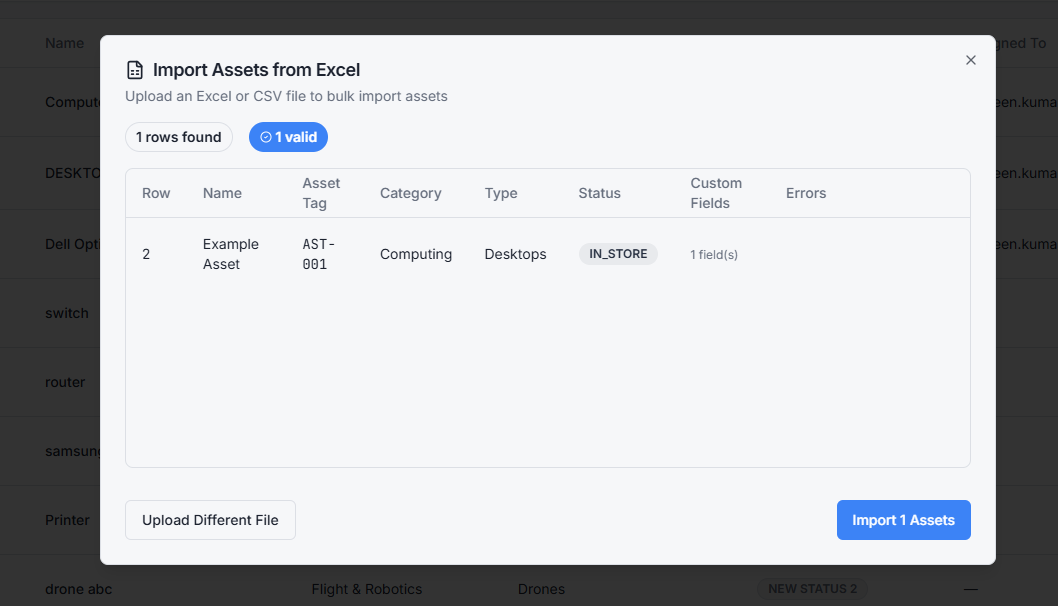 Import preview showing parsed rows in a table (Row, Name, Asset Tag, Category, Type, Status, Custom Fields, Errors) with a "1 valid" pill and an Import Assets button