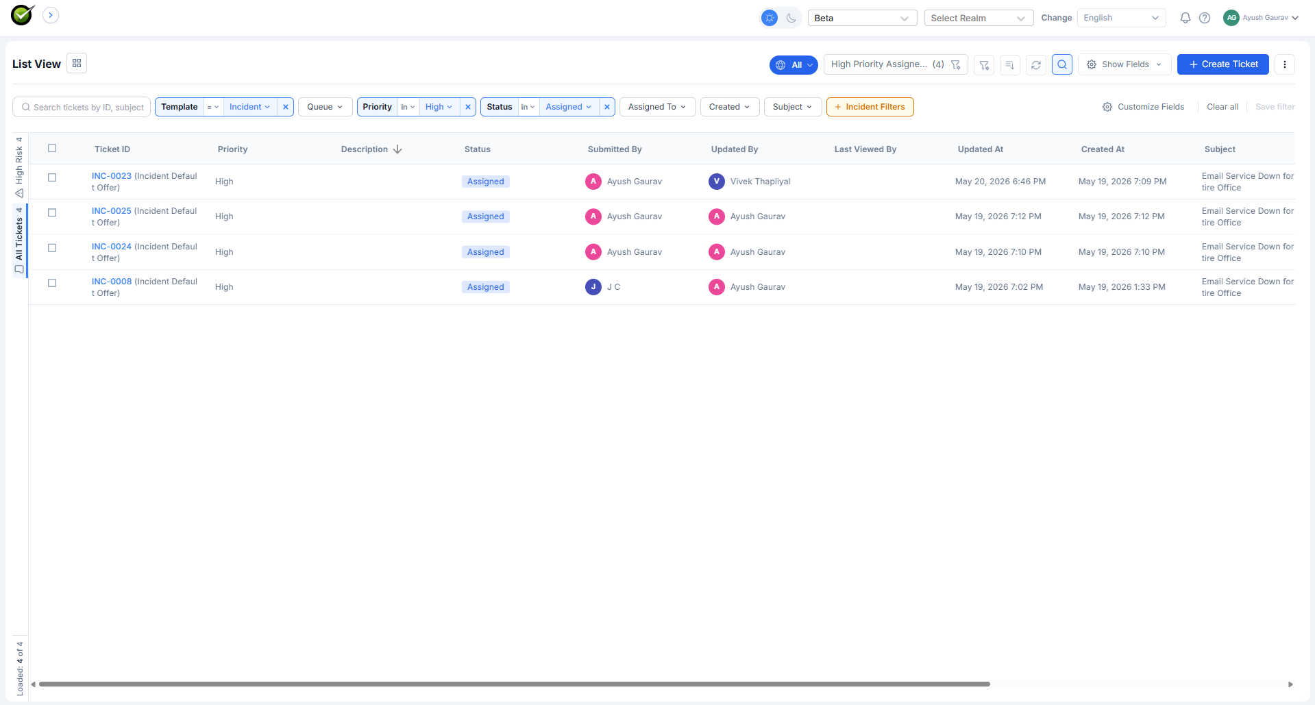 Ticket inbox with the search bar expanded across the header, showing several filter chips applied and a result count of "Showing 47 of 1,234 tickets"