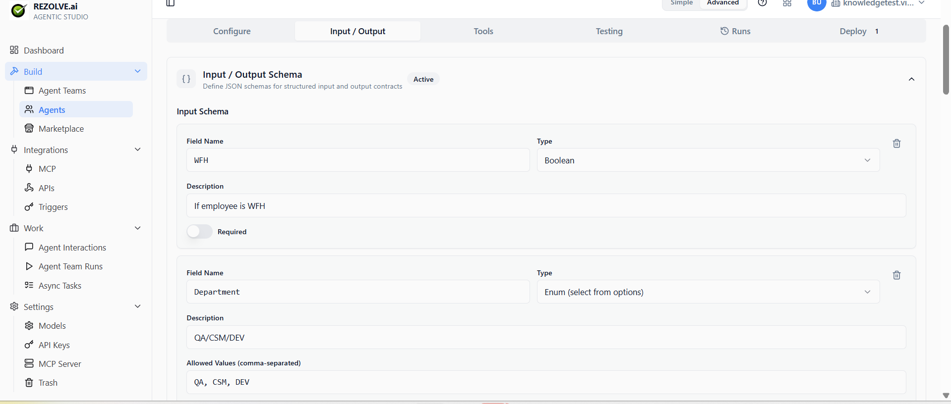 Input/Output Schema: structured fields with type and description
