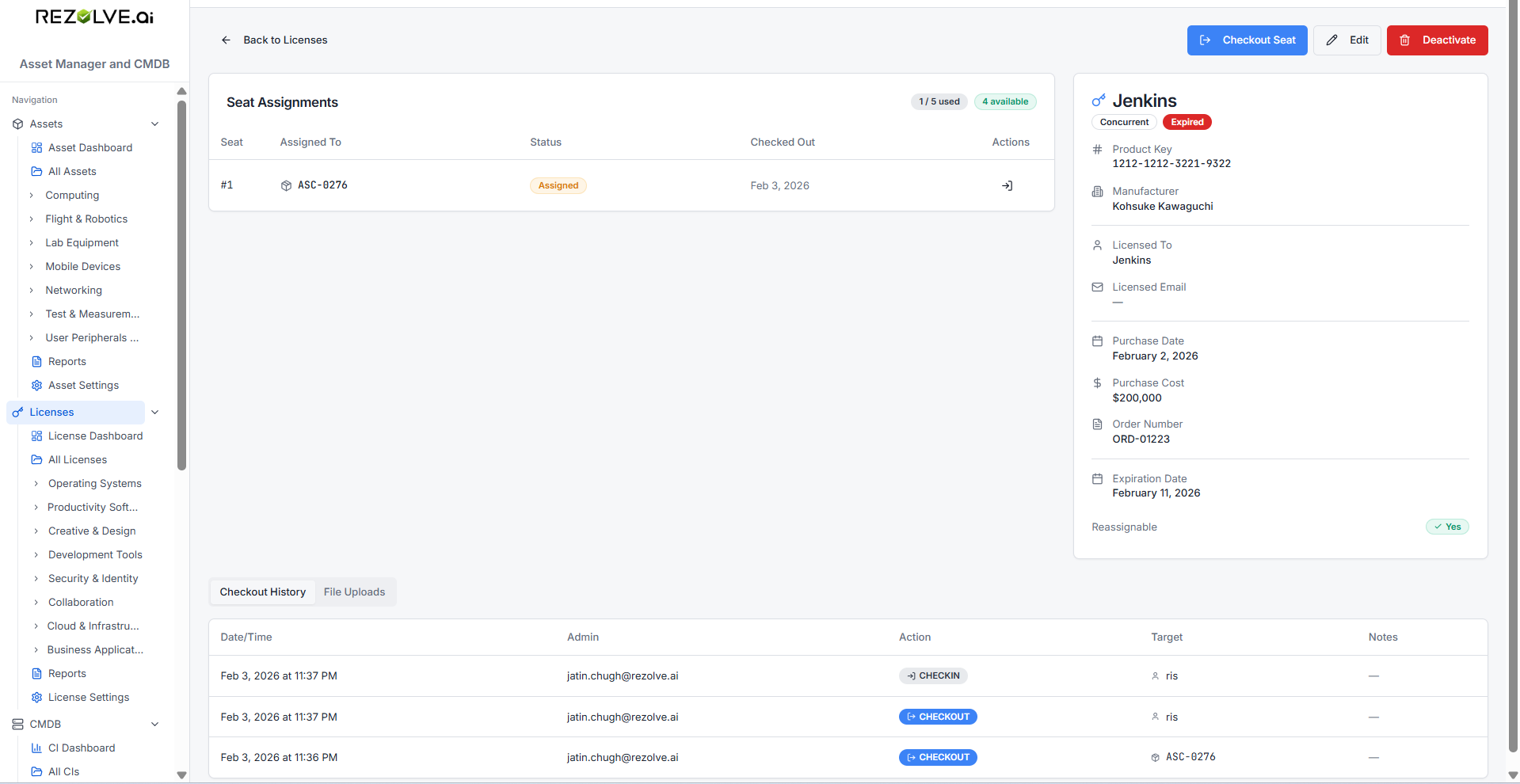 License detail page showing Seat Assignments, license metadata (Product Key, Manufacturer, Licensed To, Purchase Date, Cost, Order Number, Expiration), and Checkout History with Checkin/Checkout actions per seat