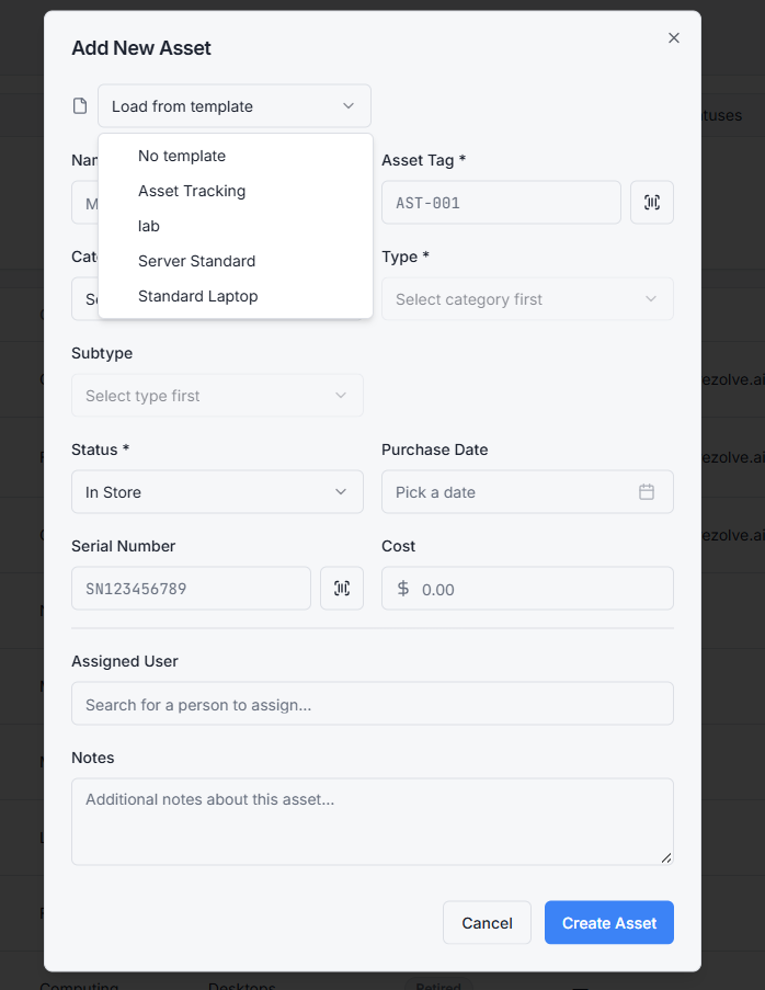 Add New Asset dialog with the Load from template picker open, showing options like No template, Asset Tracking, lab, Server Standard, and Standard Laptop