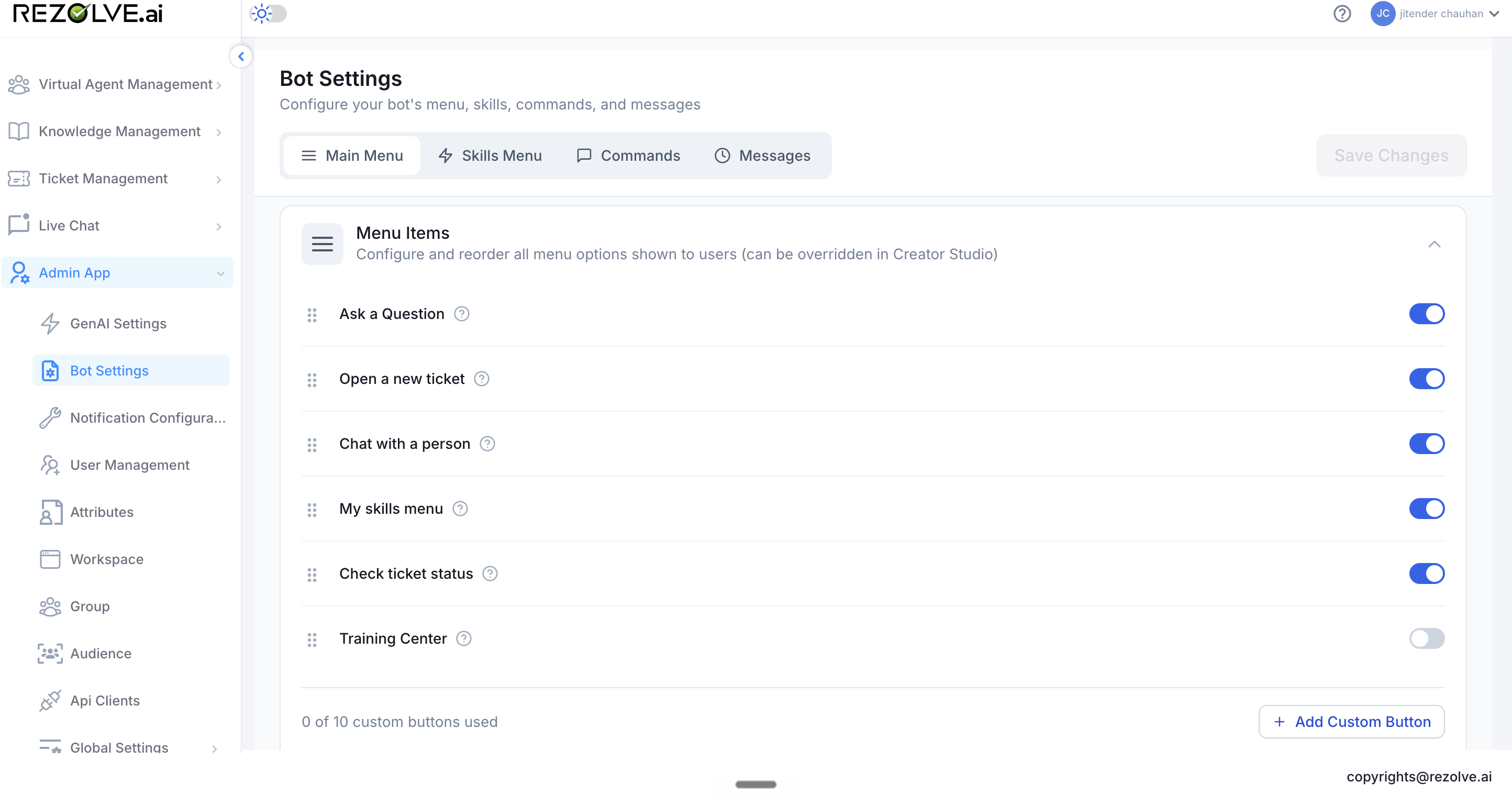 Bot Settings page on the Main Menu tab, showing toggles for default menu items (Ask a Question, Open a new ticket, Chat with a person, My skills menu, Check ticket status, Training Center) and a note "0 of 10 custom buttons used" with an Add Custom Button action