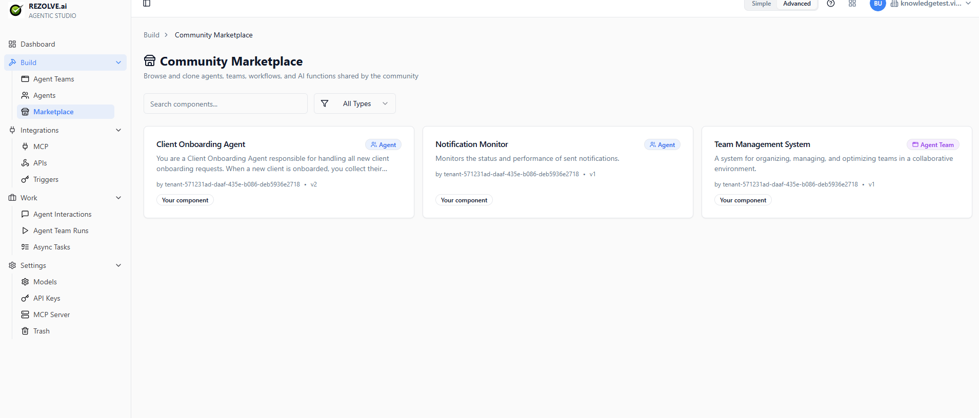 Community Marketplace grid showing agent and agent-team templates