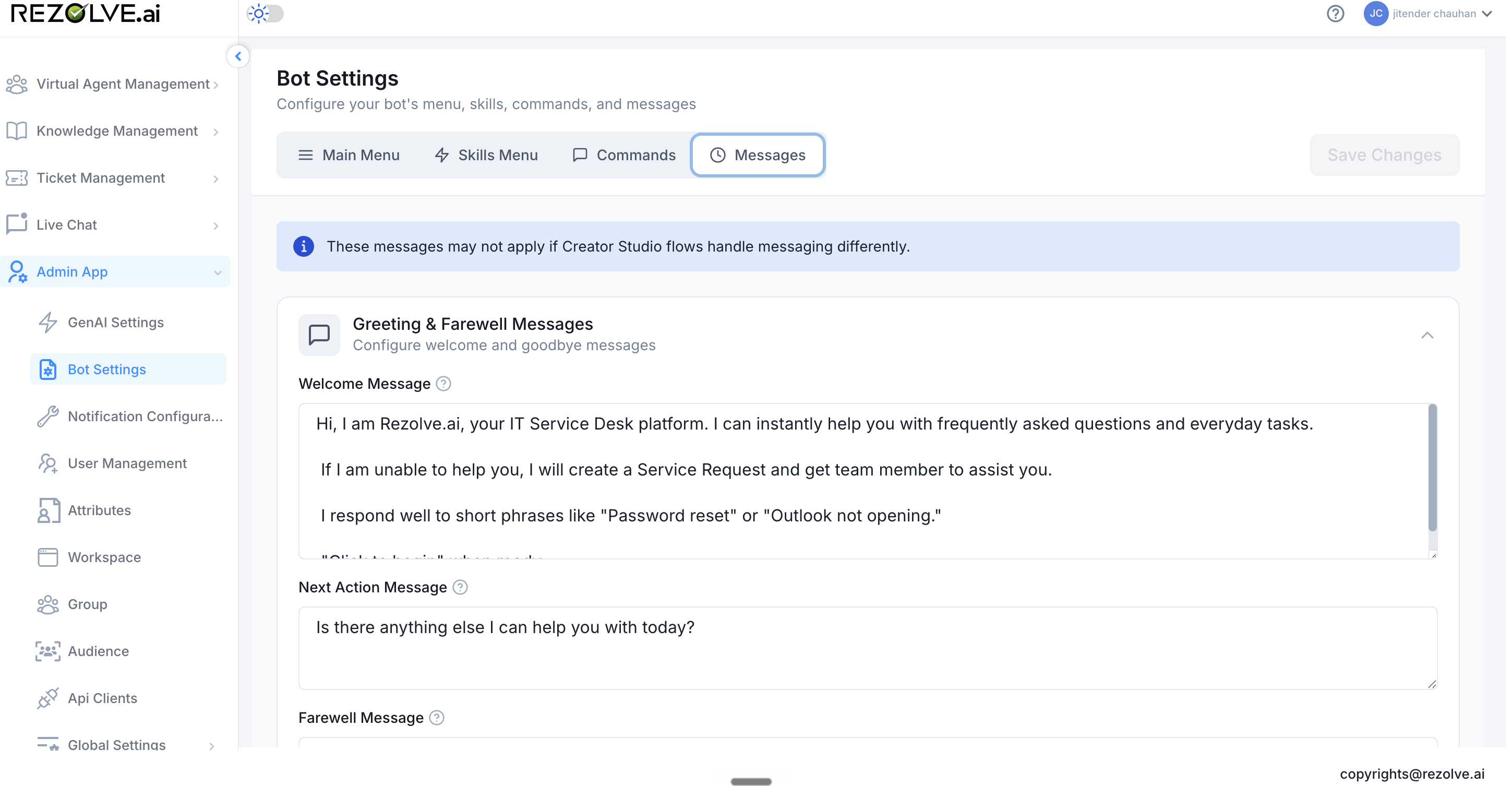 Messages tab showing Greeting and Farewell Messages section with Welcome Message text area containing introductory copy, and Next Action Message and Farewell Message below