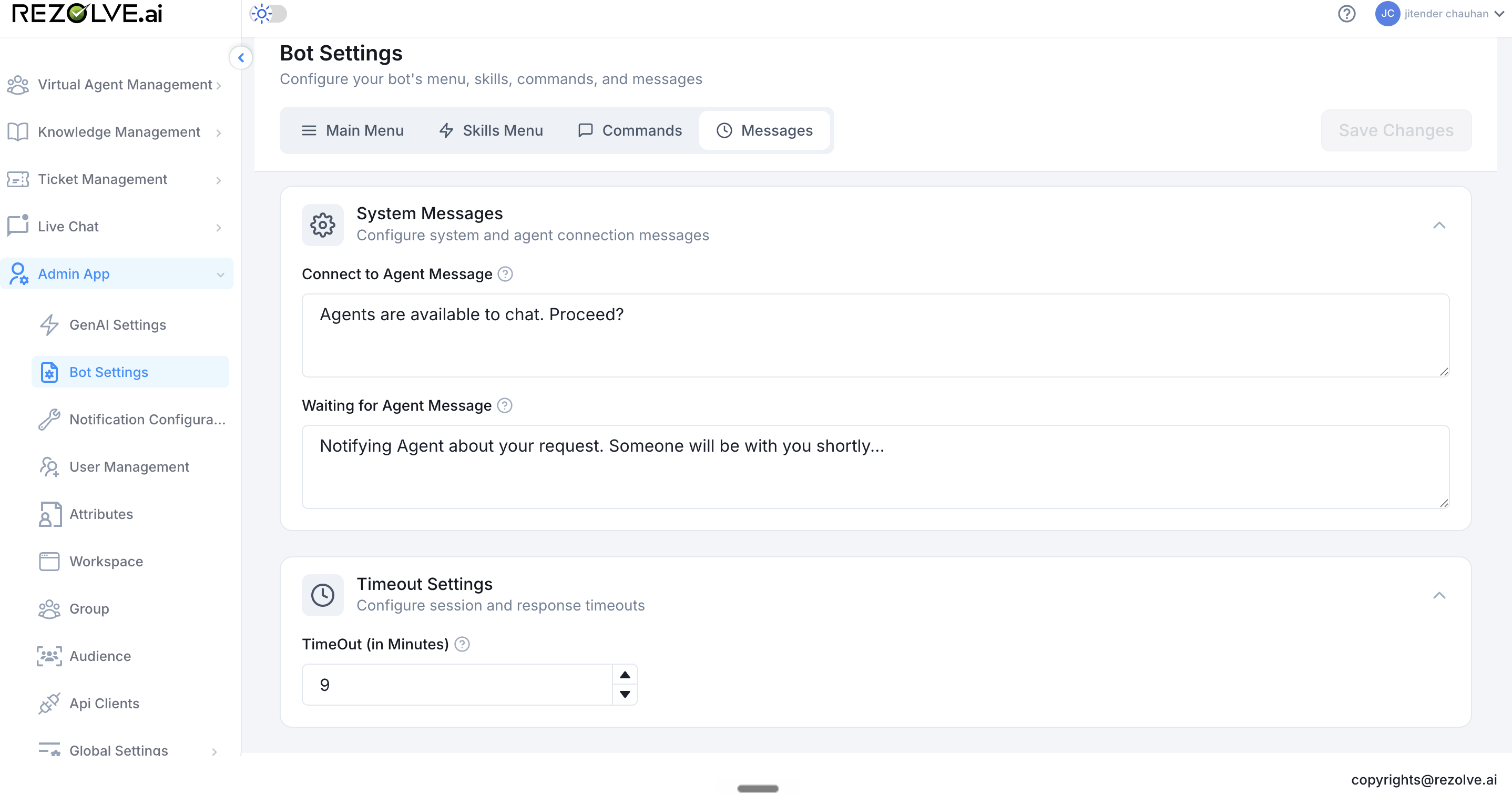 Messages tab showing Timeout Settings section with TimeOut (in Minutes) numeric field set to 9