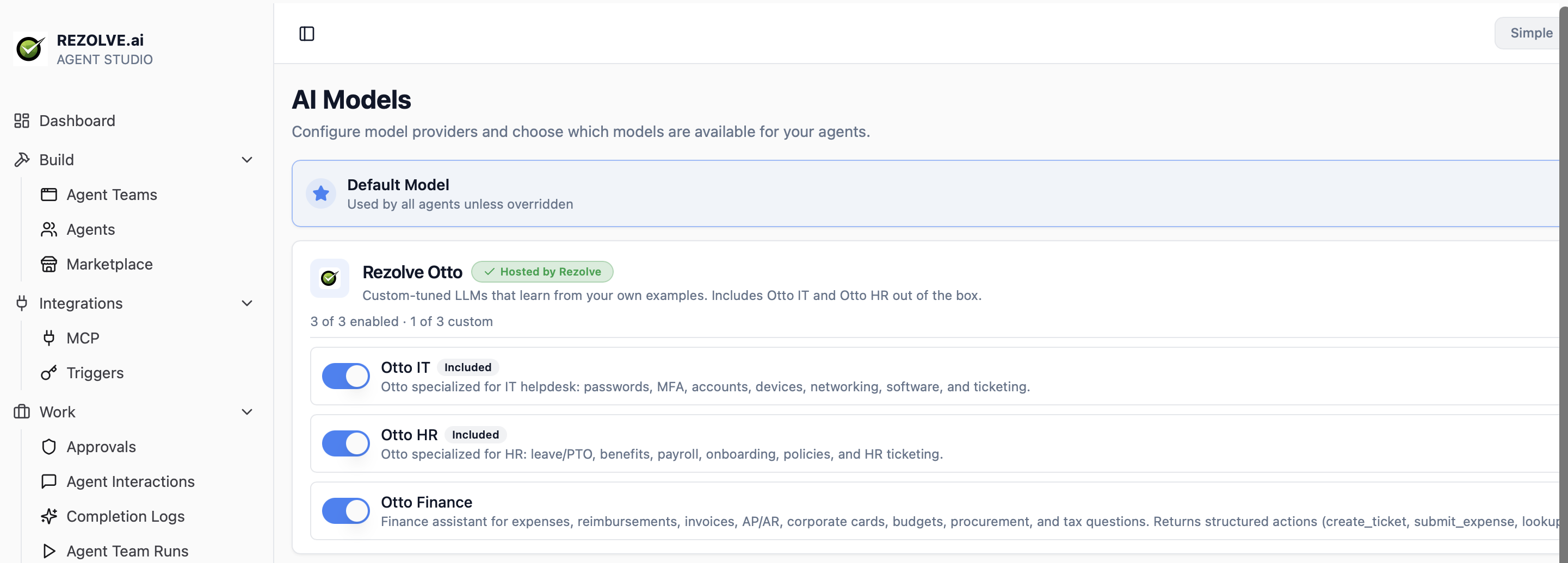 AI Models page in Agent Studio with Rezolve Otto pinned as the Default Model and Otto IT, Otto HR, and Otto Finance variants listed underneath with on-toggles and Included badges